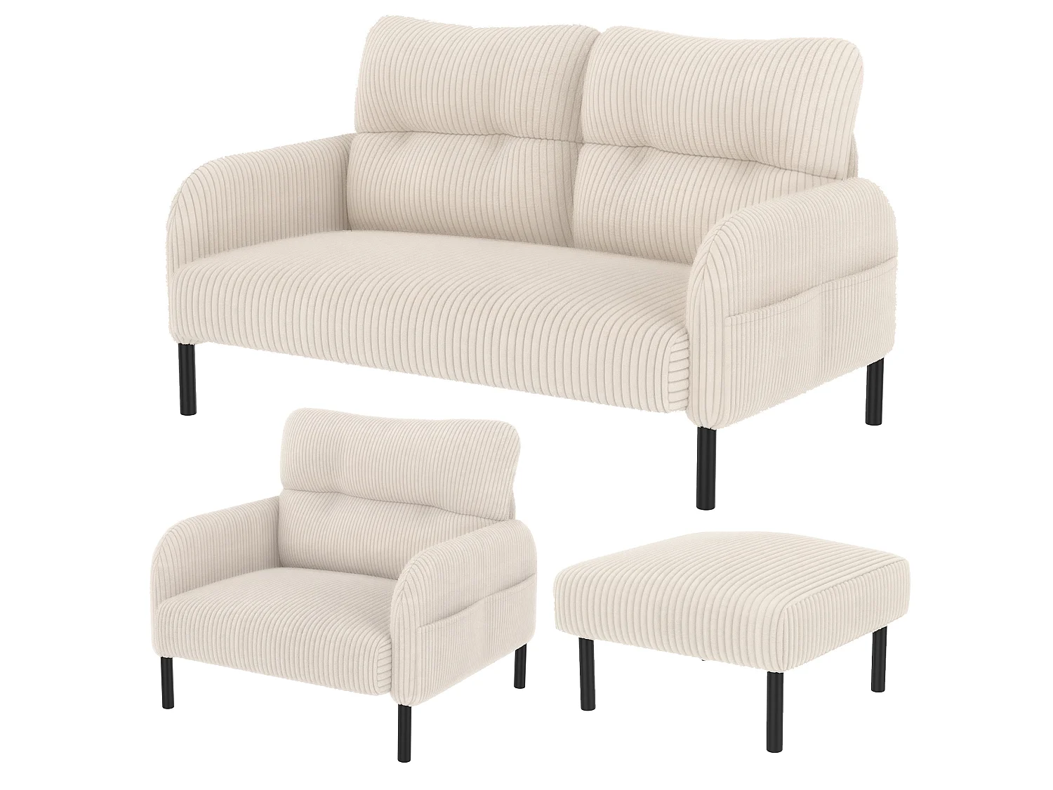 Canapé 2 places et fauteuil en velours côtelé avec pouf - Beige