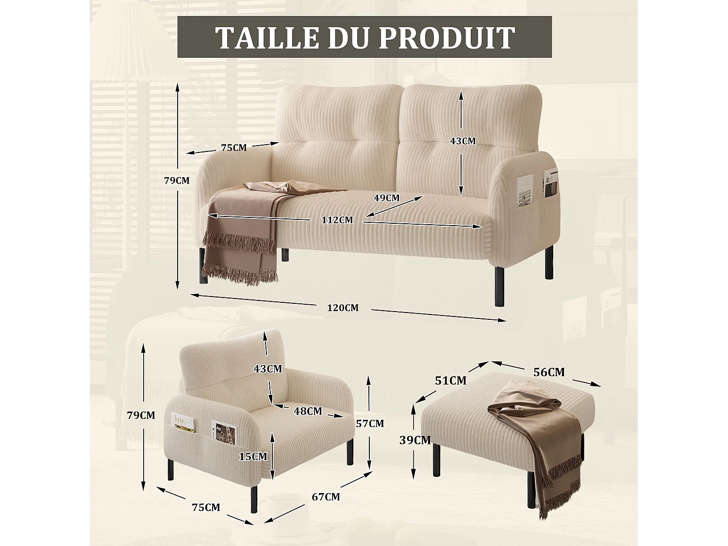 Canapé 2 places et fauteuil en velours côtelé avec pouf - Beige
