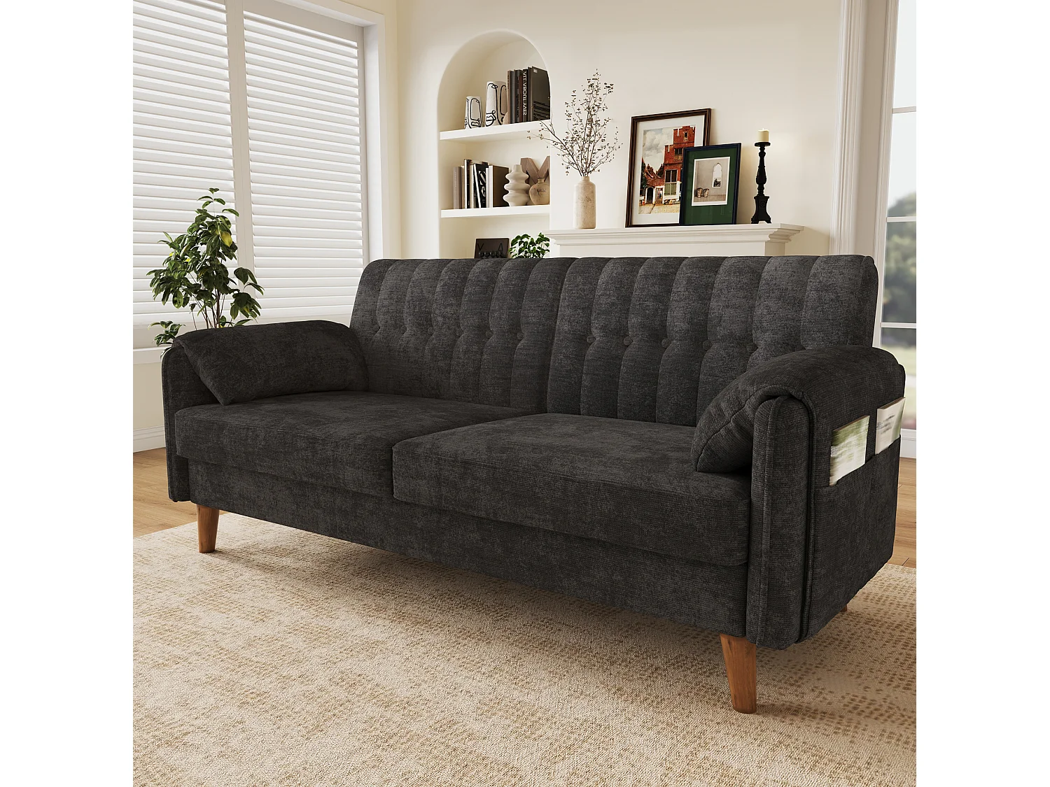 Canapé 2 places 161,5 cm en chenille avec poches latérales - Gris foncé