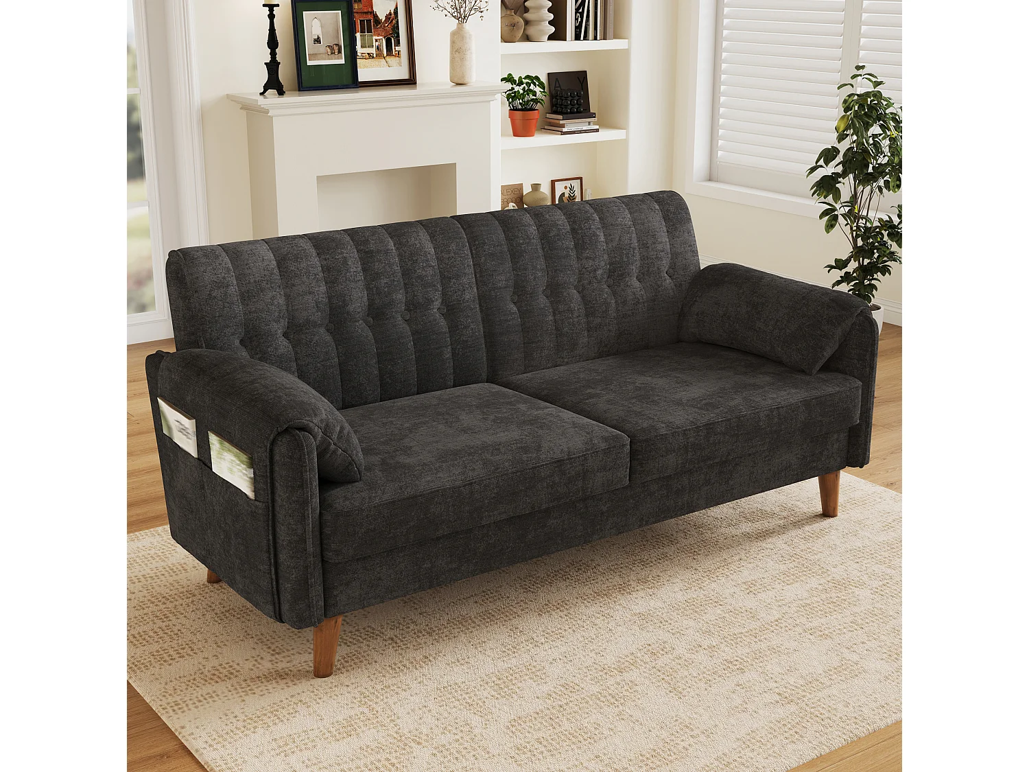 Canapé 2 places 161,5 cm en chenille avec poches latérales - Gris foncé
