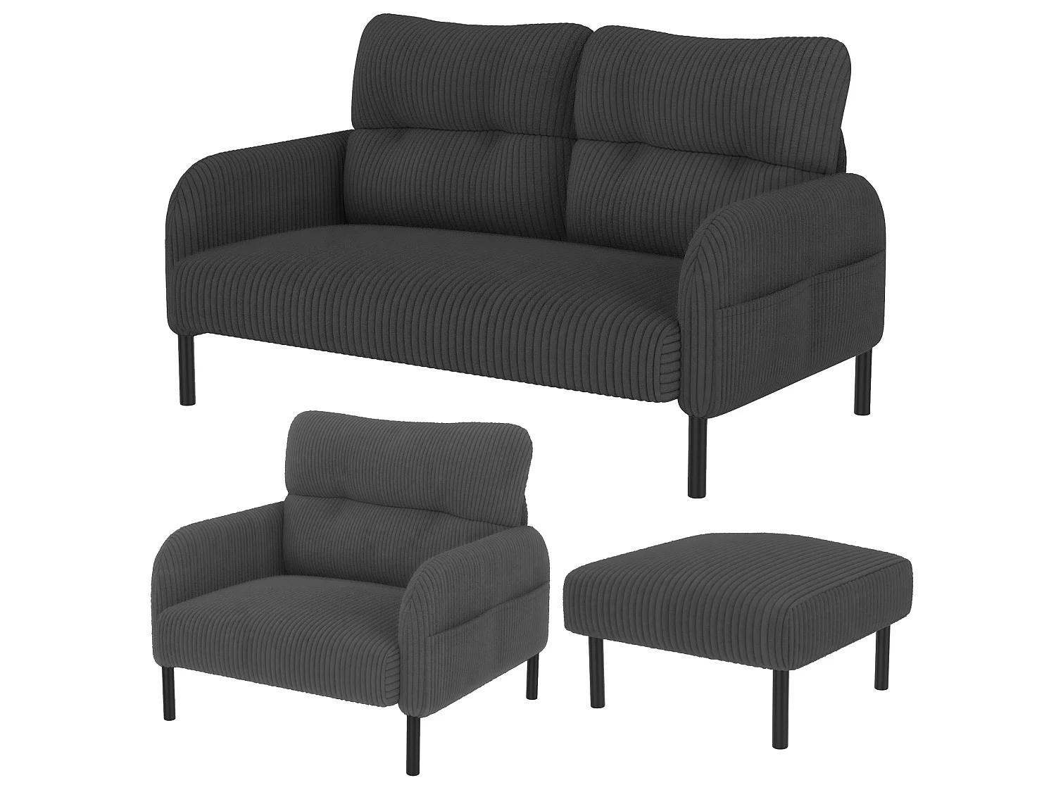 Canapé 2 places et fauteuil en velours côtelé avec pouf - Gris
