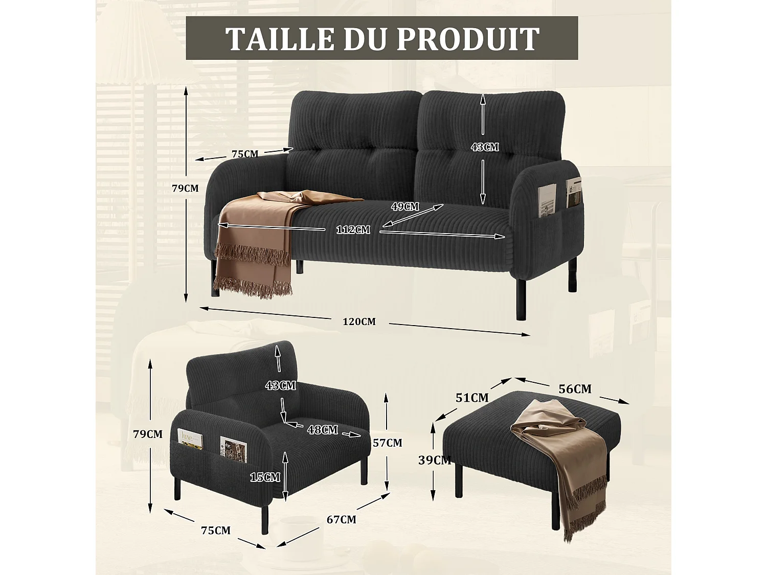 Canapé 2 places et fauteuil en velours côtelé avec pouf - Gris