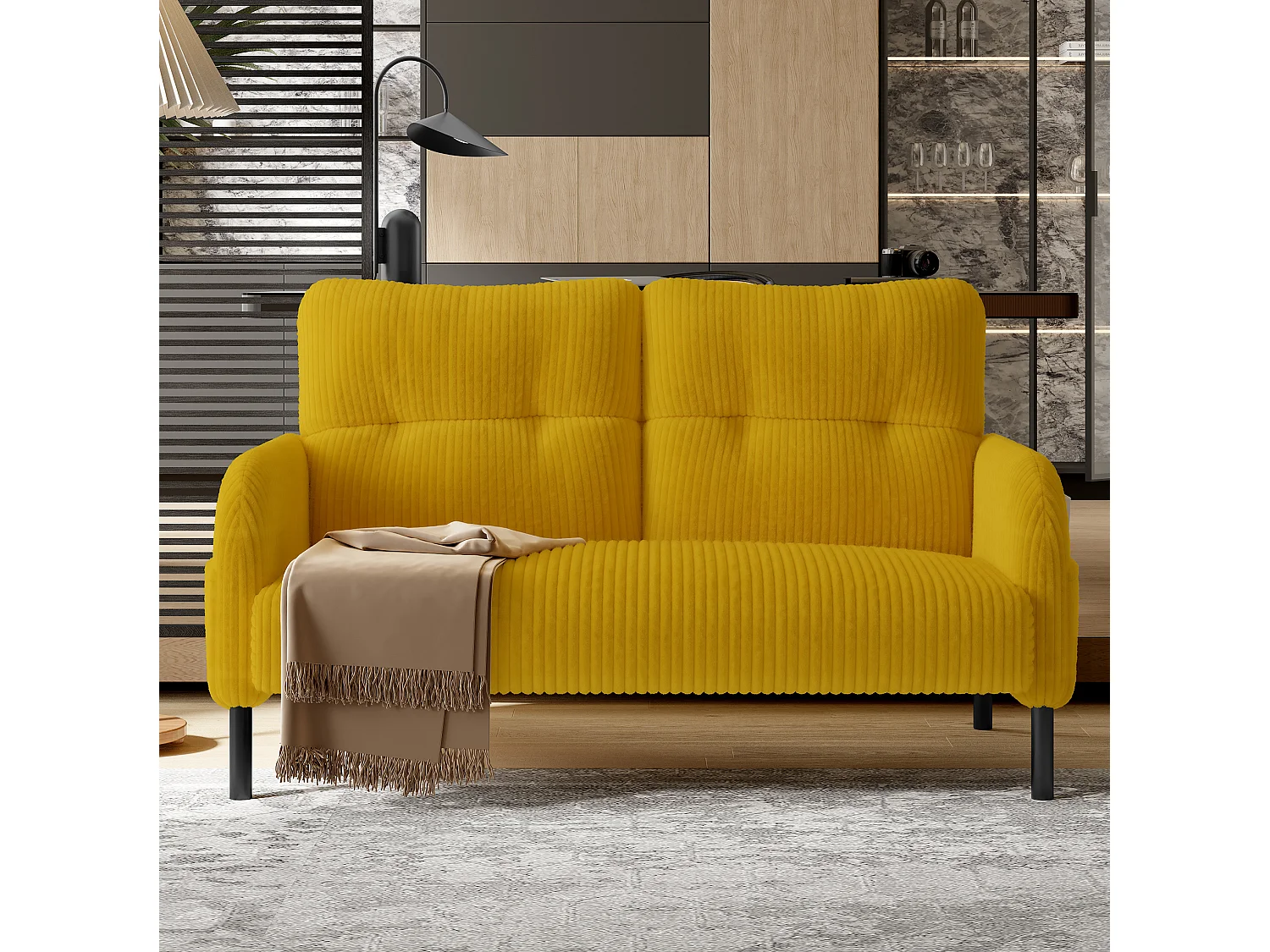 Canapé 2 places et fauteuil en velours côtelé avec pouf - Jaune