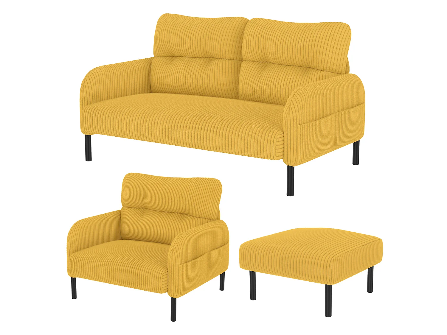 Canapé 2 places et fauteuil en velours côtelé avec pouf - Jaune