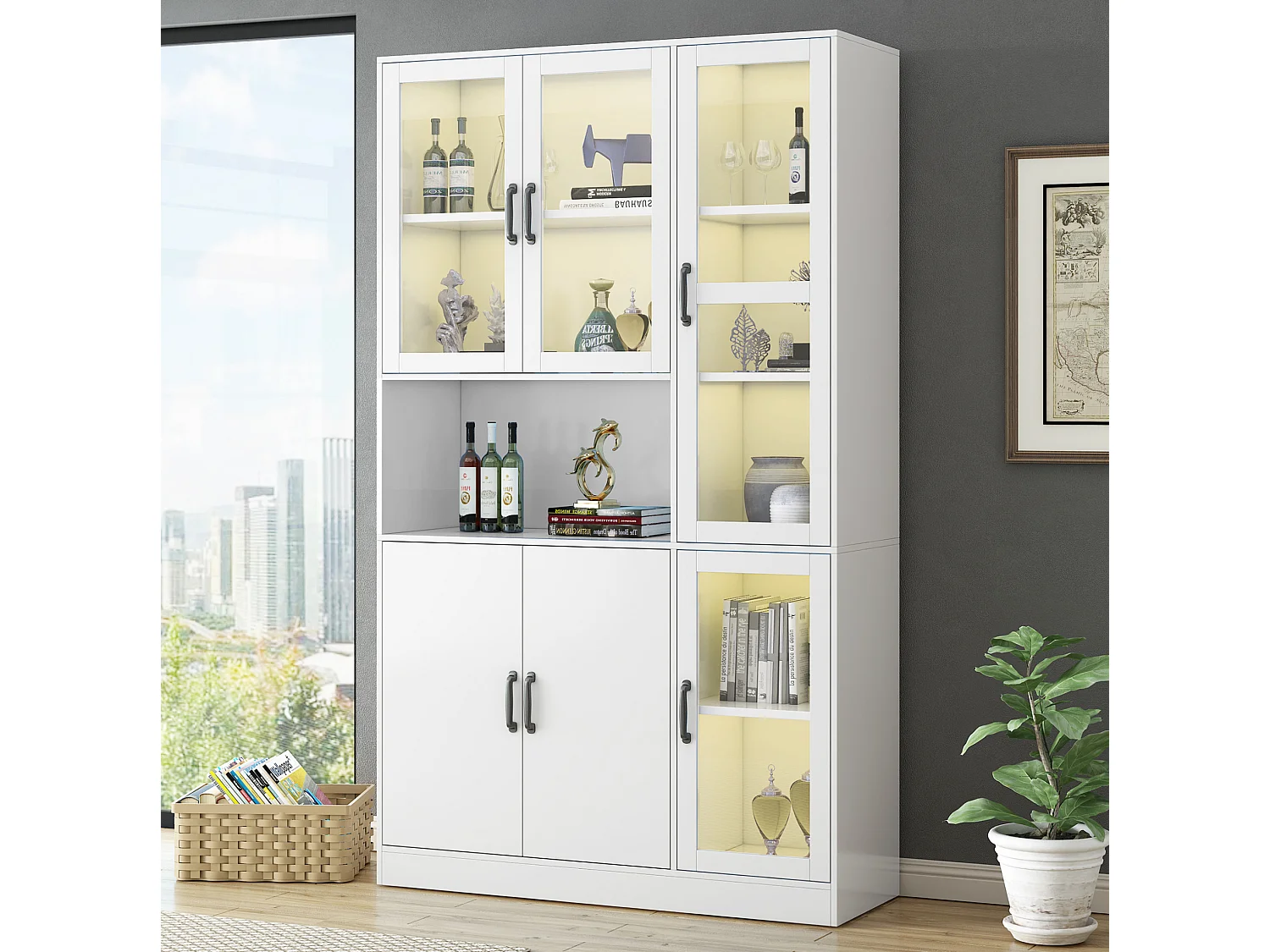 Vitrine blanche avec portes et LED - MDF et verre