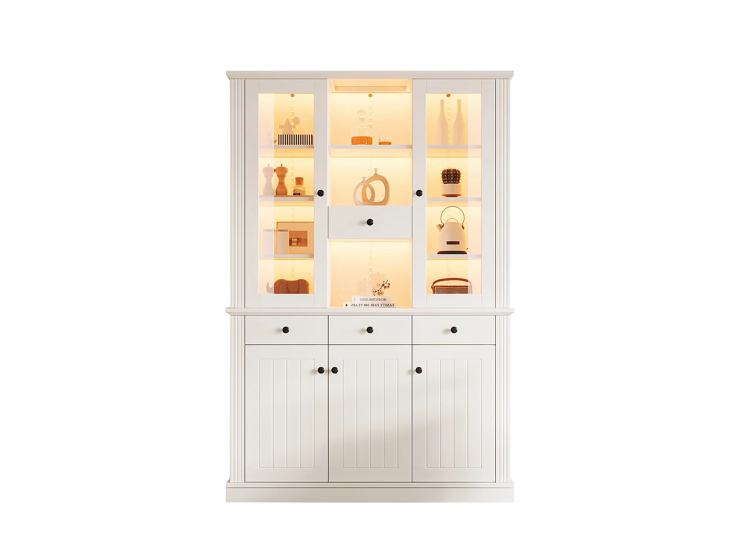 Vitrine avec 4 tiroirs, éclairage LED et 5 portes - Blanc