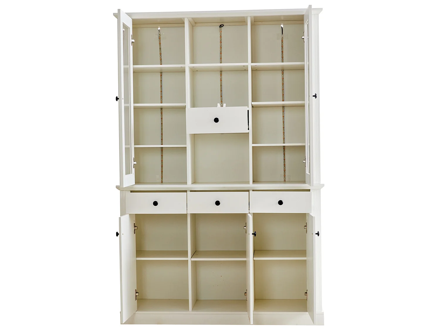 Vitrine avec 4 tiroirs, éclairage LED et 5 portes - Blanc