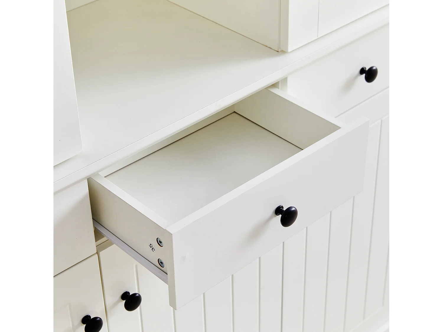 Vitrine avec 4 tiroirs, éclairage LED et 5 portes - Blanc