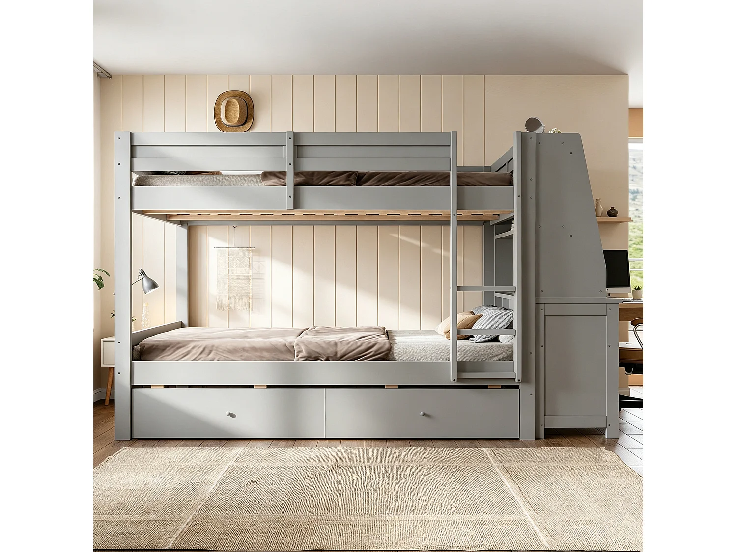 Stapelbed 140 x 200 cm met bureau en 2 lades - Grijze afwerking
