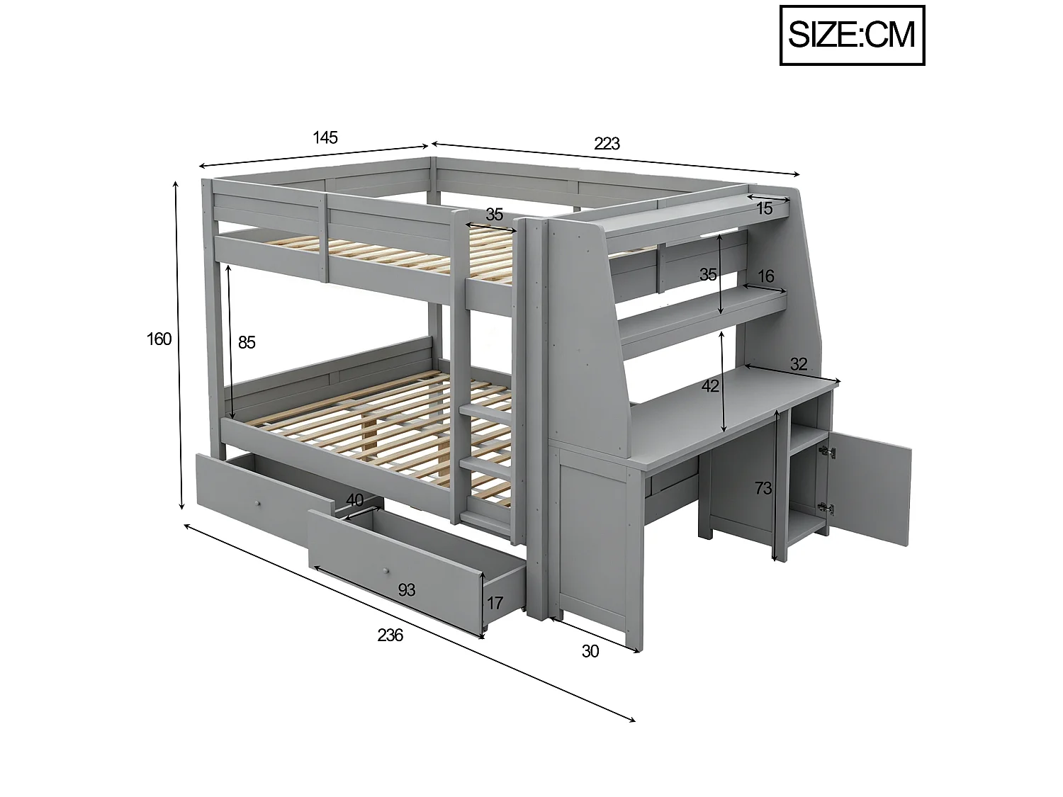 Stapelbed 140 x 200 cm met bureau en 2 lades - Grijze afwerking