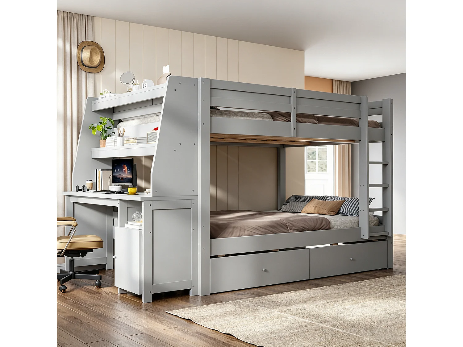 Stapelbed 140 x 200 cm met bureau en 2 lades - Grijze afwerking