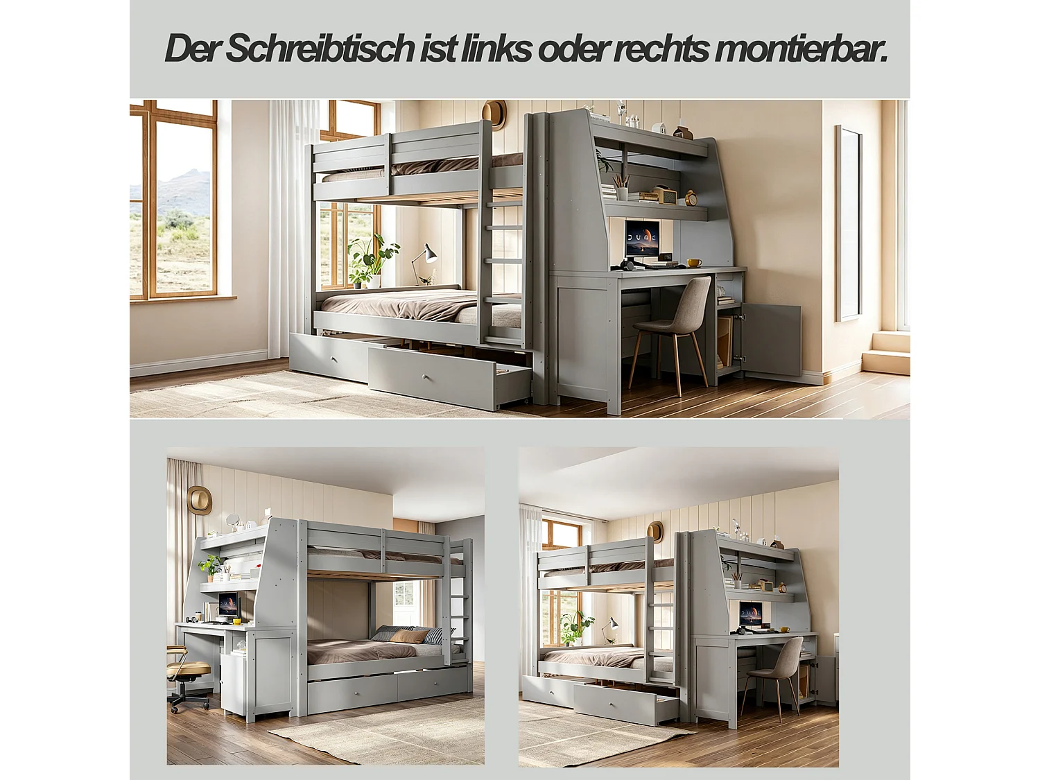 Stapelbed 140 x 200 cm met bureau en 2 lades - Grijze afwerking