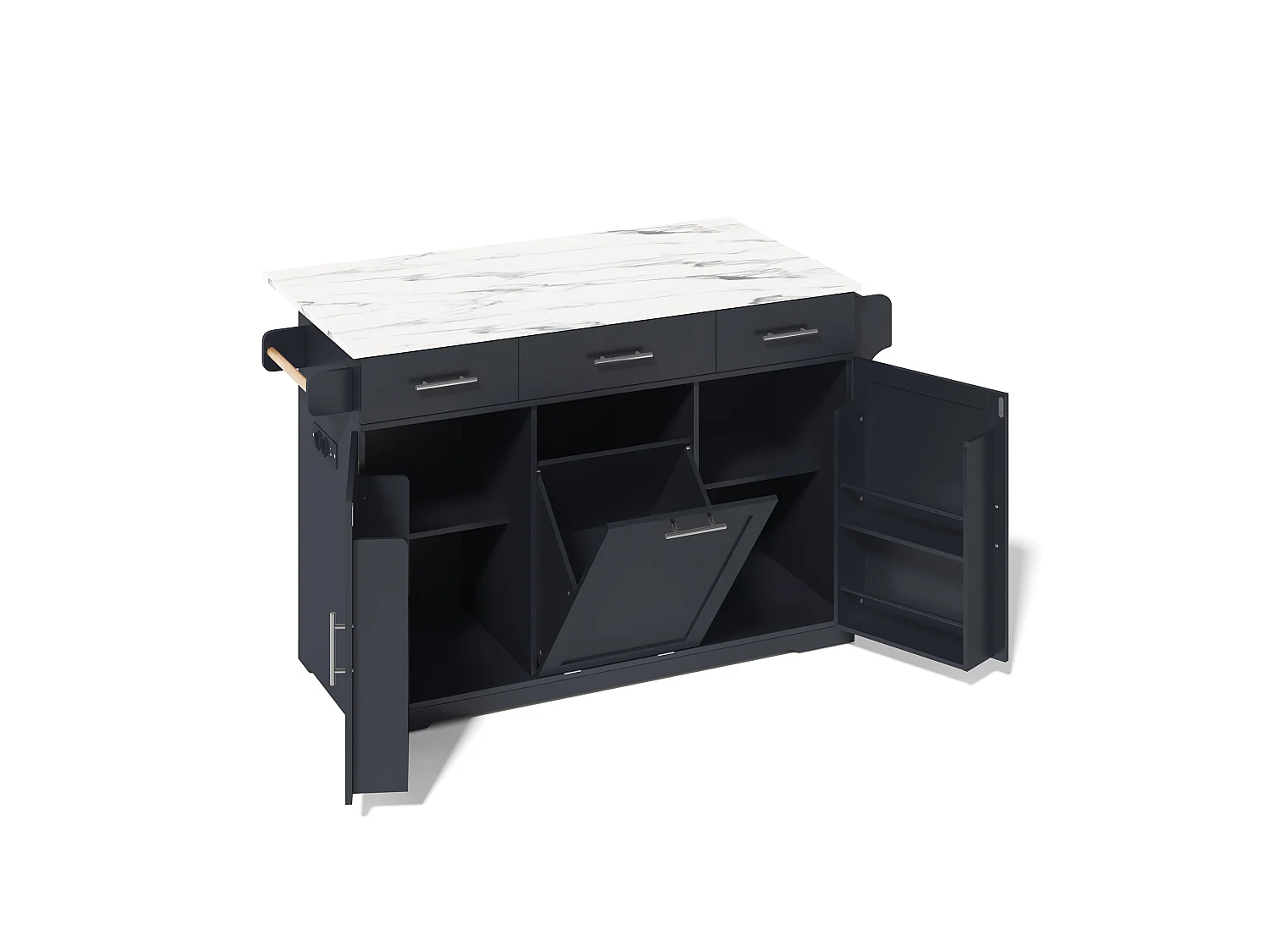 Verrijdbaar keukeneiland met 3 lades, stopcontact en afvalbak - Grijs 136 × 50 (75) × 92 cm