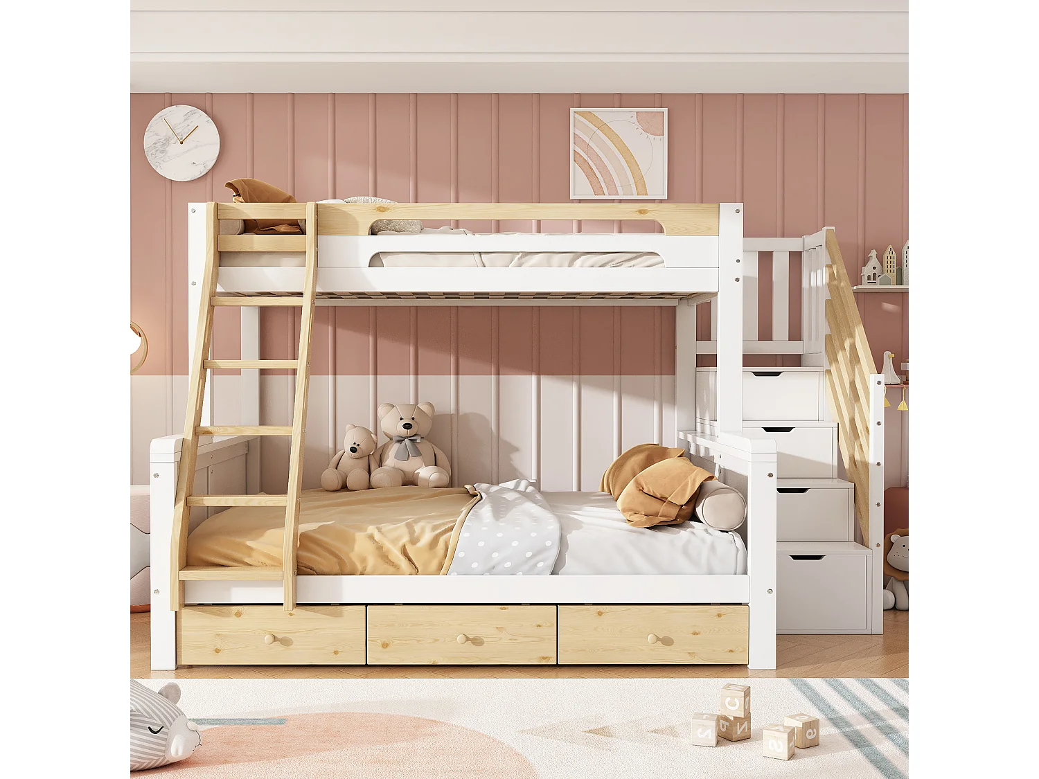 Stapelbed 90 x 200 cm en 140 x 200 cm met opbergladder en 3 lades - Wit en naturel