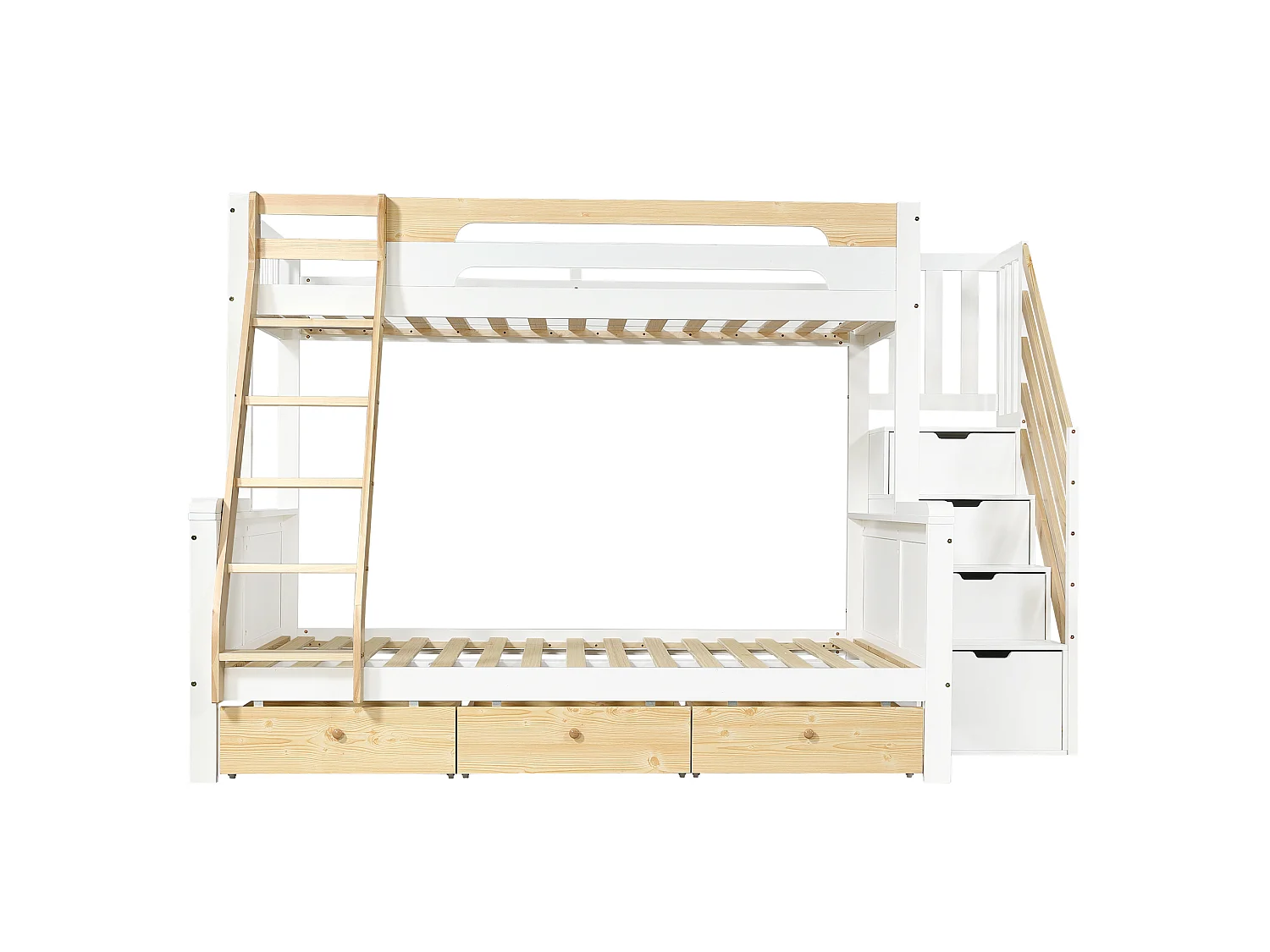 Stapelbed 90 x 200 cm en 140 x 200 cm met opbergladder en 3 lades - Wit en naturel