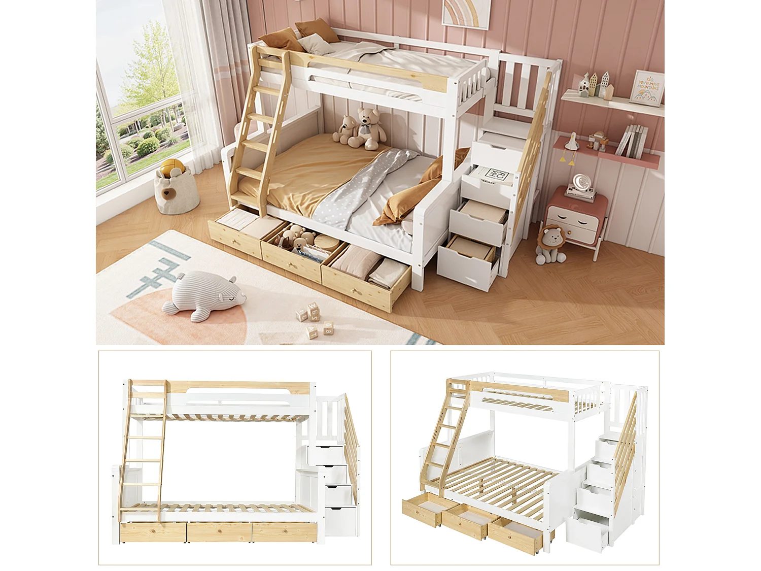 Stapelbed 90 x 200 cm en 140 x 200 cm met opbergladder en 3 lades - Wit en naturel