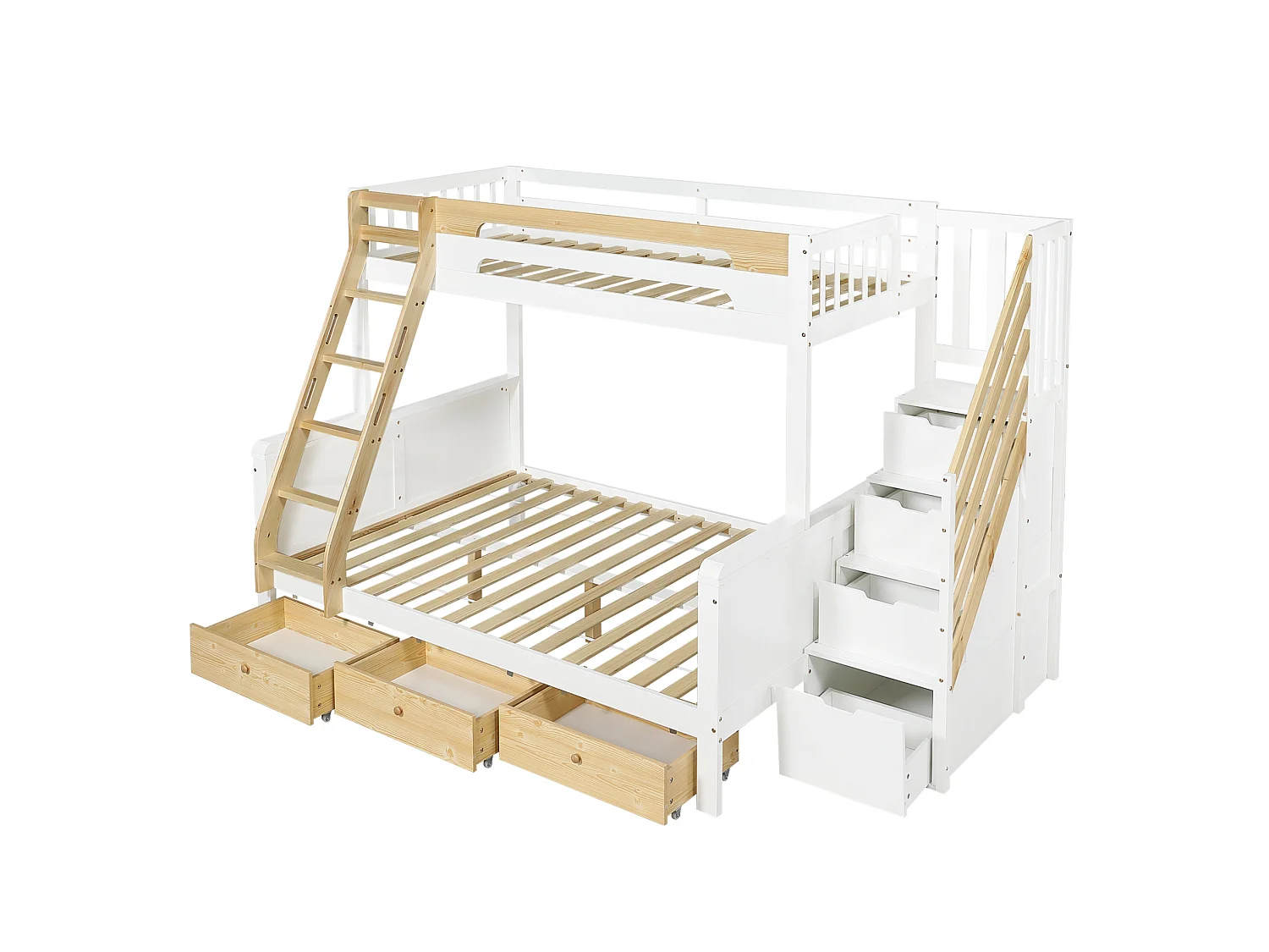 Stapelbed 90 x 200 cm en 140 x 200 cm met opbergladder en 3 lades - Wit en naturel