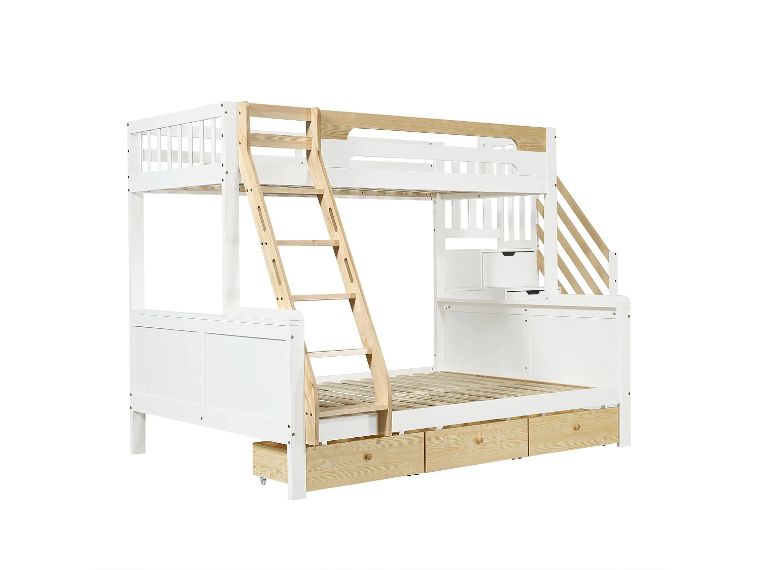 Stapelbed 90 x 200 cm en 140 x 200 cm met opbergladder en 3 lades - Wit en naturel