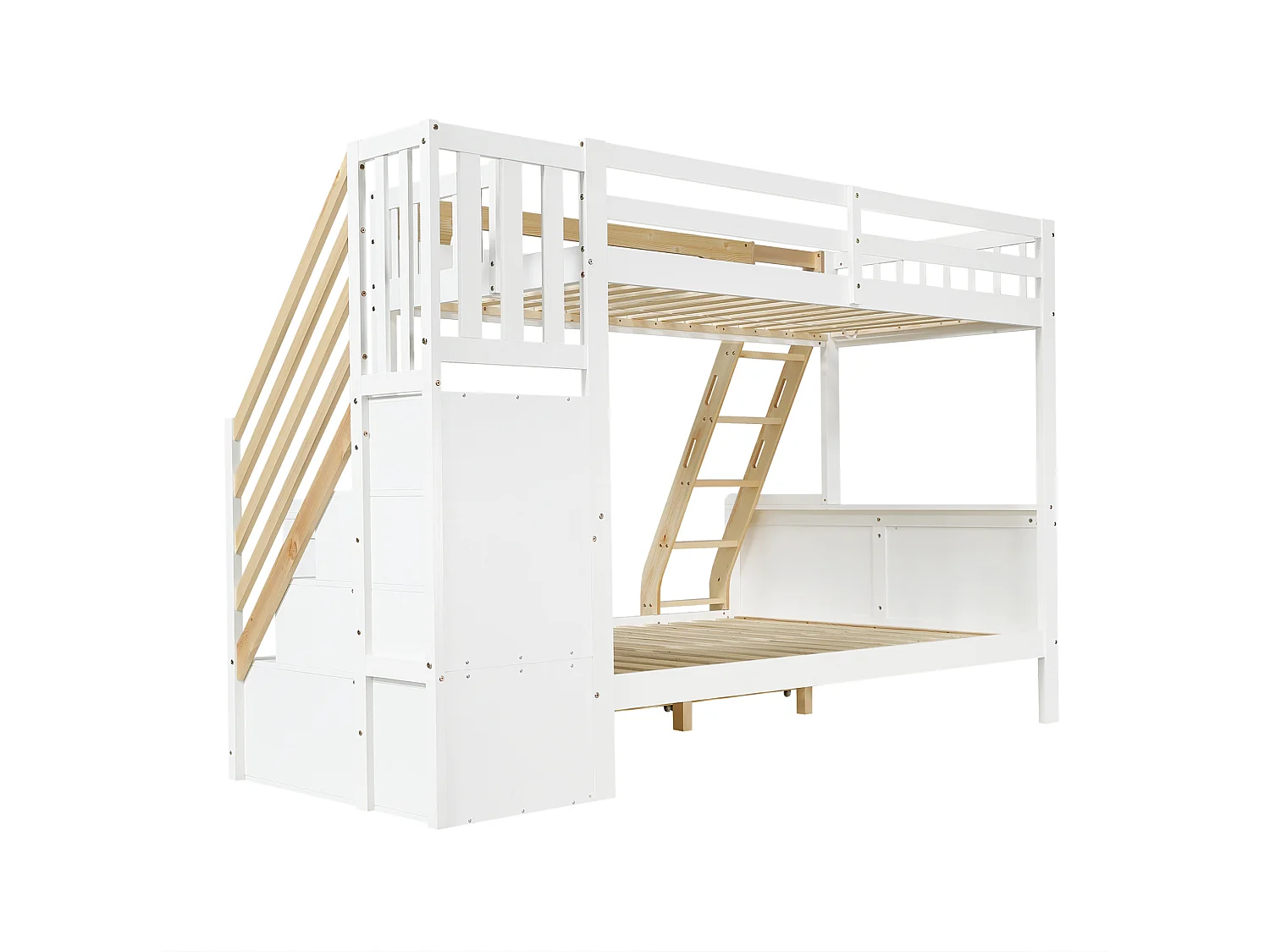 Stapelbed 90 x 200 cm en 140 x 200 cm met opbergladder en 3 lades - Wit en naturel
