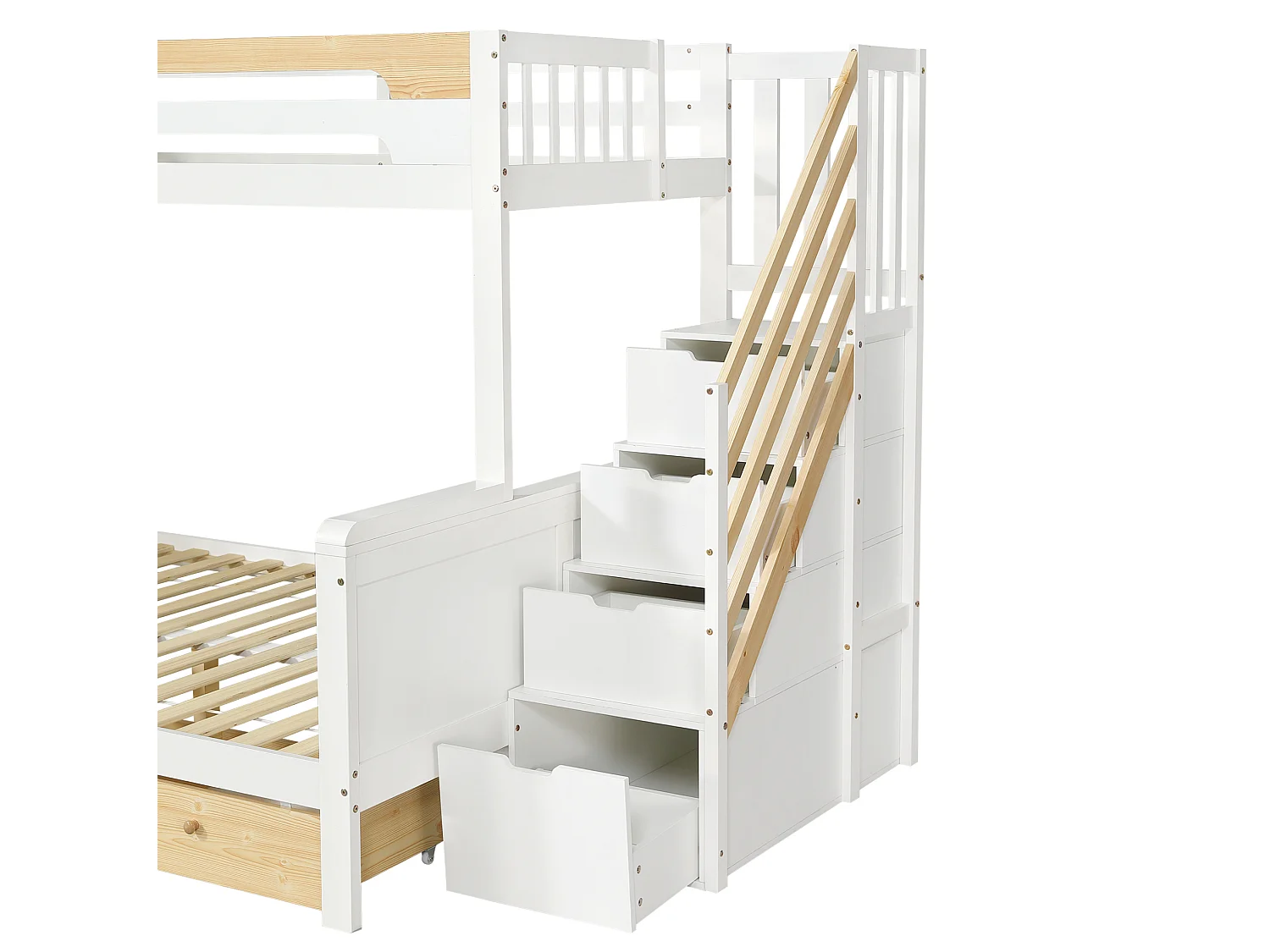 Stapelbed 90 x 200 cm en 140 x 200 cm met opbergladder en 3 lades - Wit en naturel