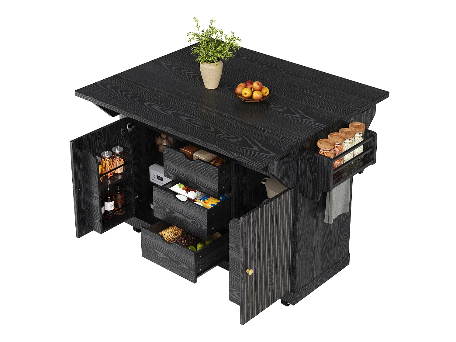 Îlot central de cuisine mobile avec rallonges rabattables et tiroirs - Noir