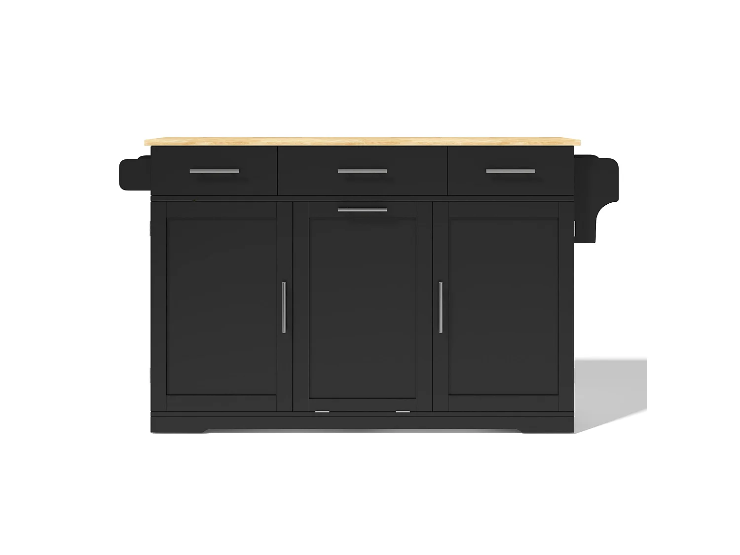 Îlot de cuisine mobile avec 3 tiroirs, prise et meuble poubelle - Noir 136 × 50 (75) × 92 cm