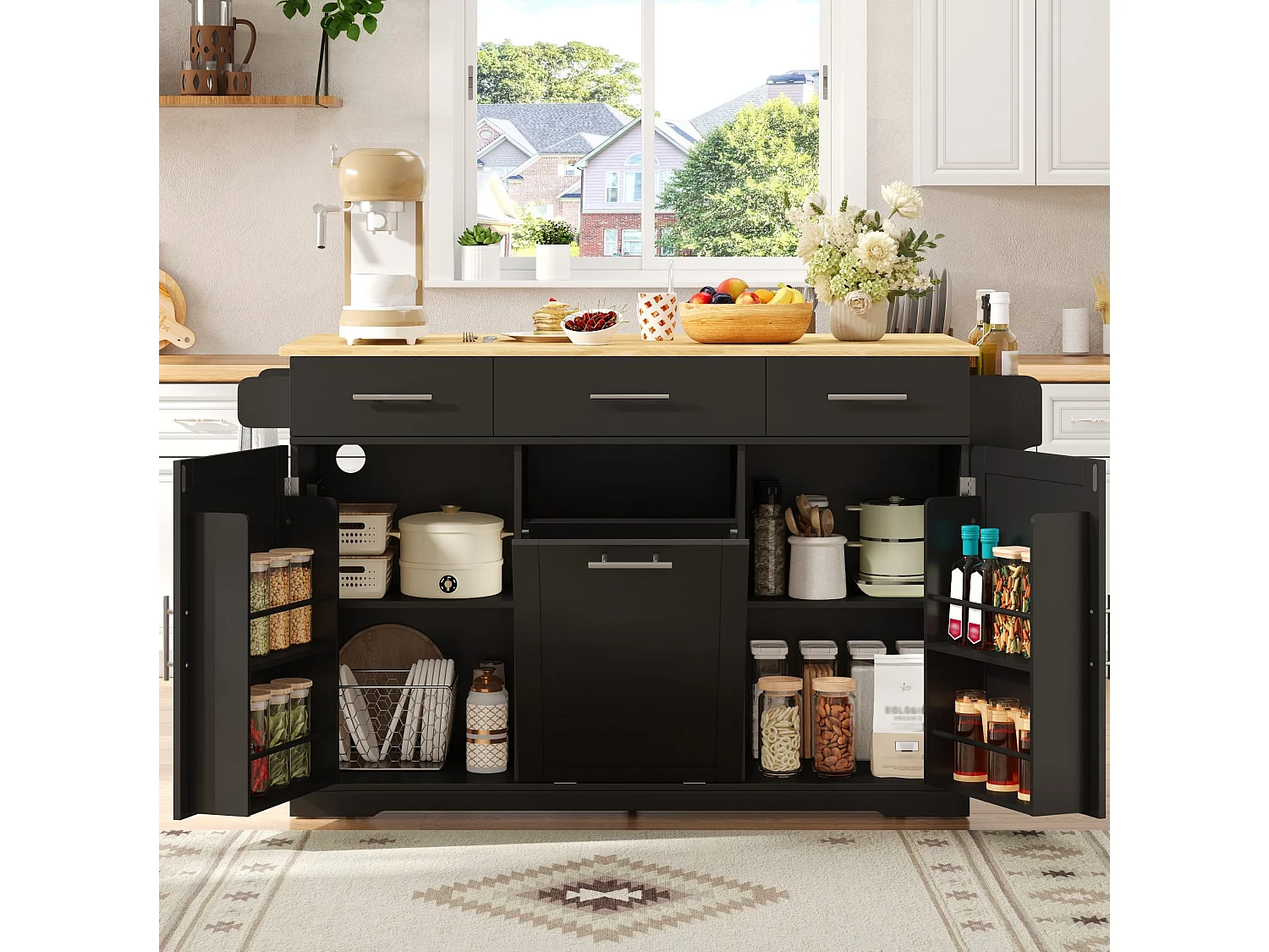 Îlot de cuisine mobile avec 3 tiroirs, prise et meuble poubelle - Noir 136 × 50 (75) × 92 cm