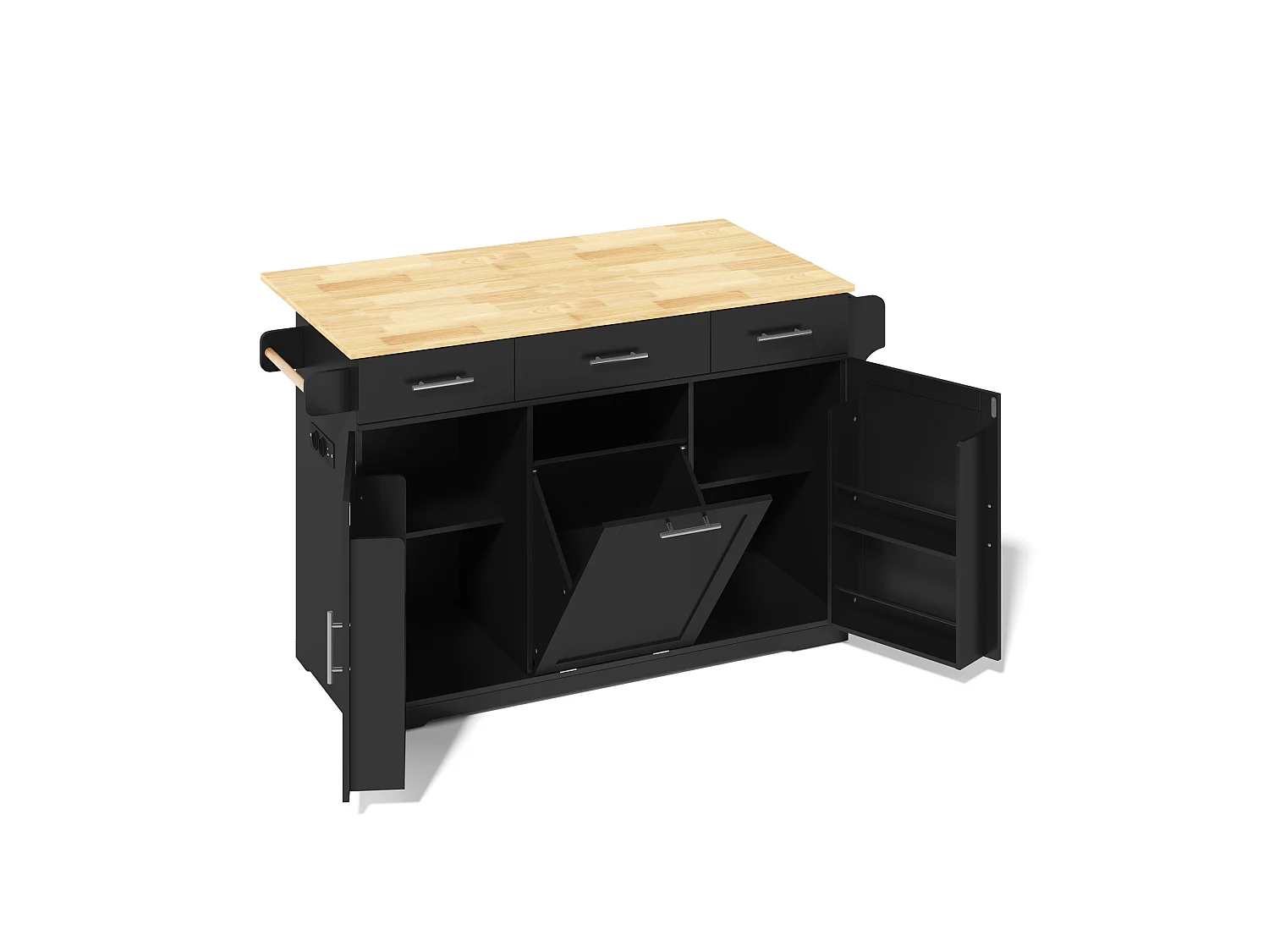 Îlot de cuisine mobile avec 3 tiroirs, prise et meuble poubelle - Noir 136 × 50 (75) × 92 cm