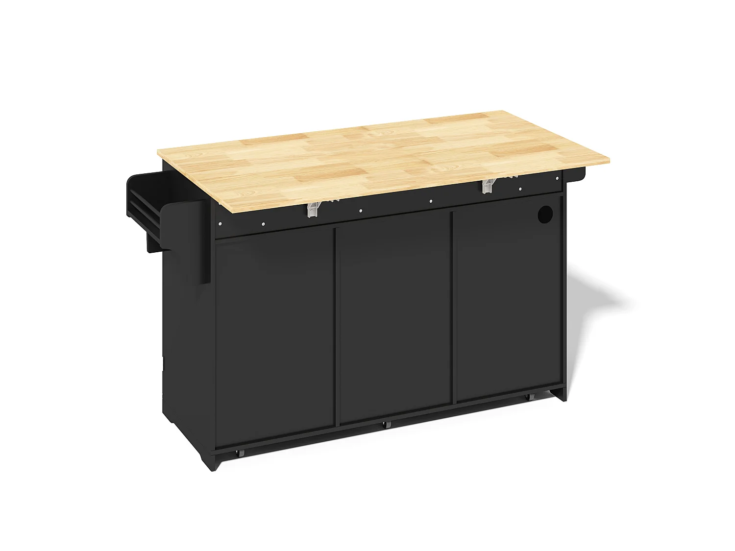 Îlot de cuisine mobile avec 3 tiroirs, prise et meuble poubelle - Noir 136 × 50 (75) × 92 cm