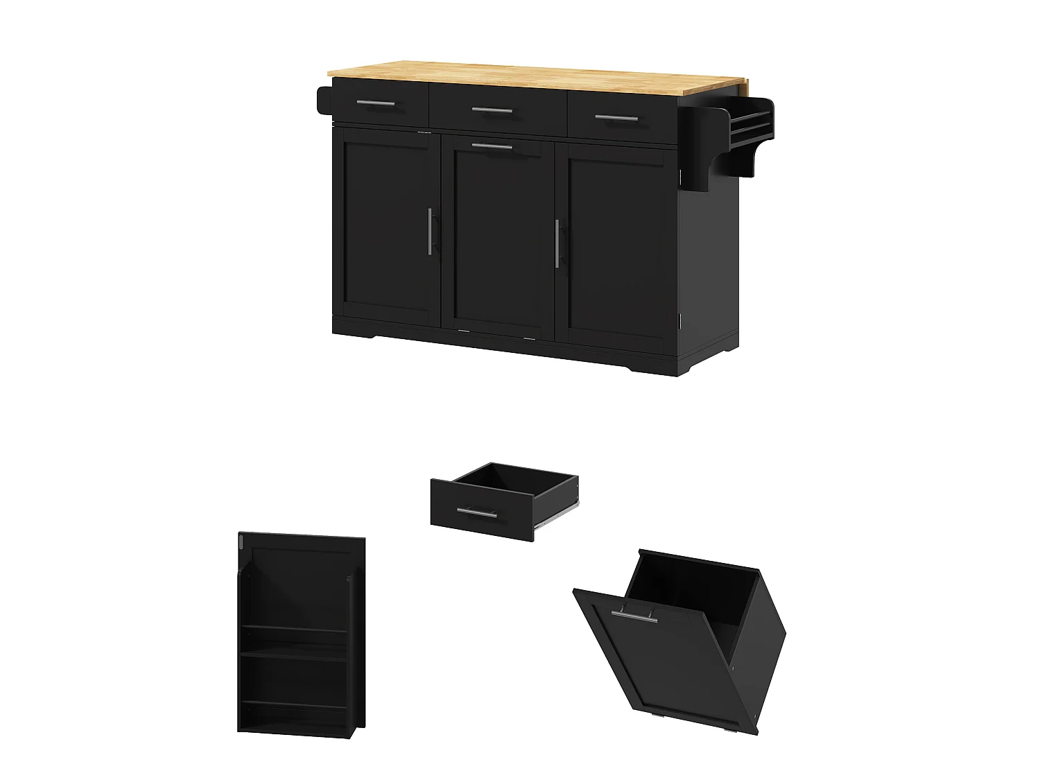 Îlot de cuisine mobile avec 3 tiroirs, prise et meuble poubelle - Noir 136 × 50 (75) × 92 cm