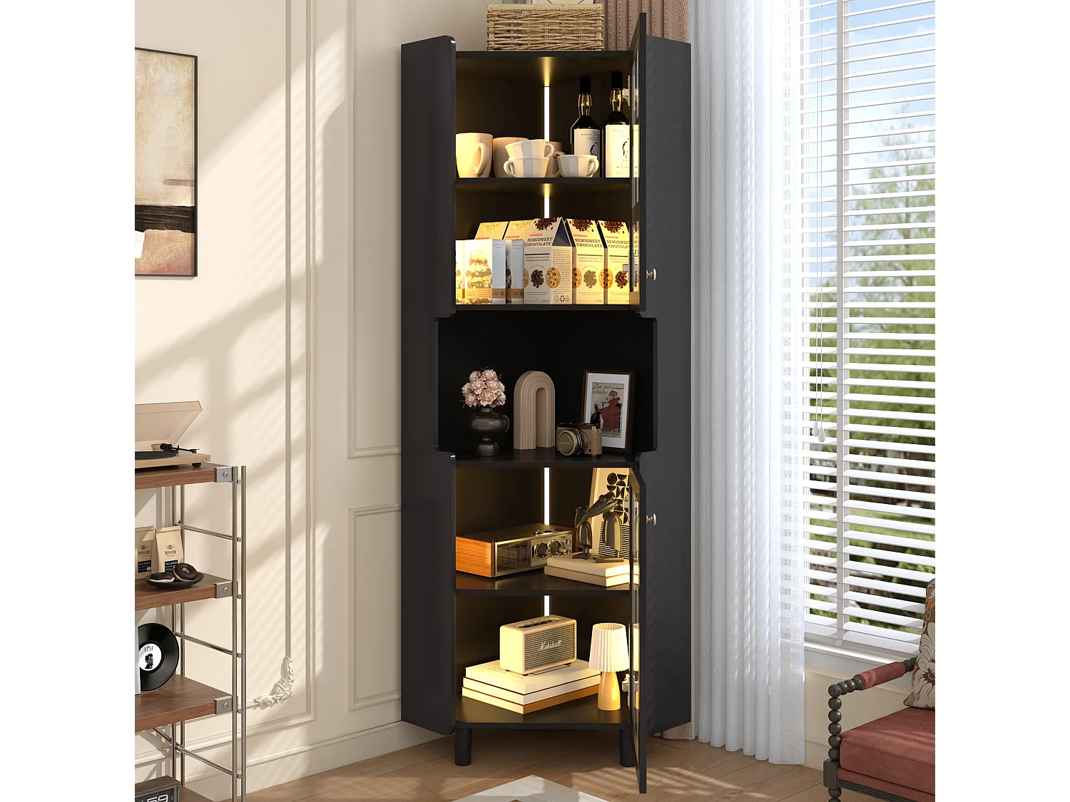 Vitrine d'angle avec éclairage LED et 2 portes - Noir