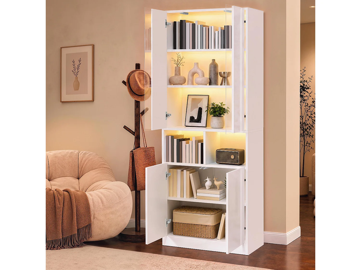 Vitrine avec façade en acrylique et éclairage LED - Finition brillant blanc