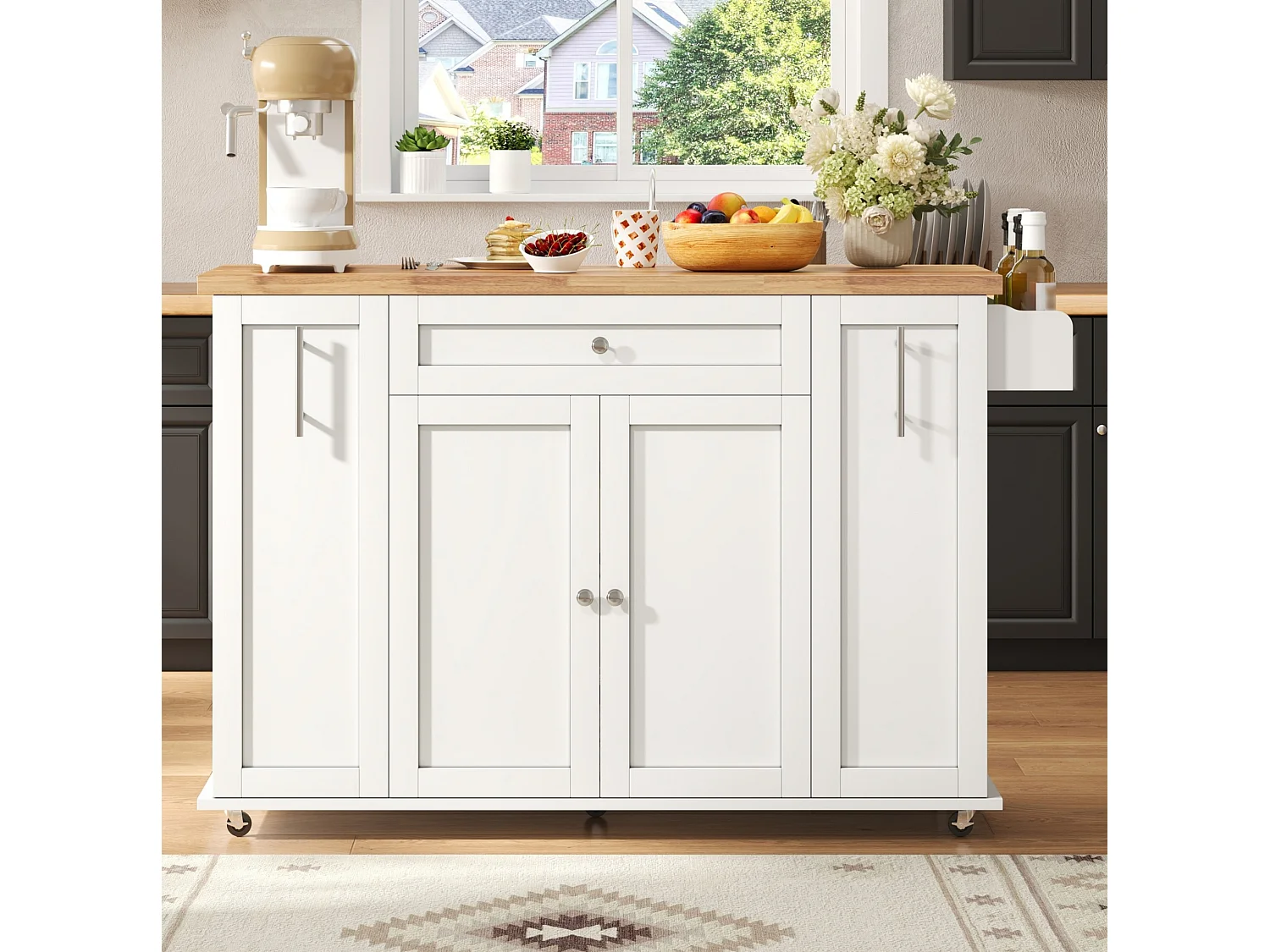 Îlot de cuisine mobile avec 3 tiroirs, 2 portes - Blanc 120 × 45 (70) × 87 cm