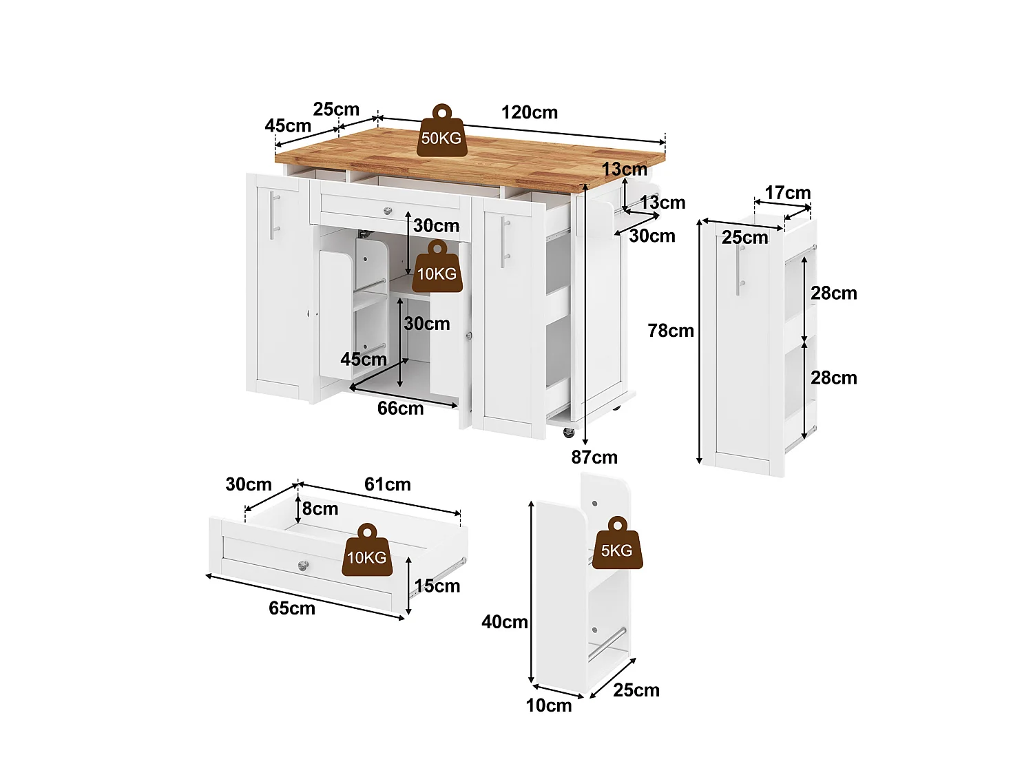 Îlot de cuisine mobile avec 3 tiroirs, 2 portes - Blanc 120 × 45 (70) × 87 cm