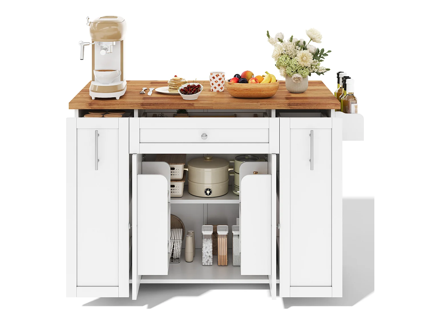 Îlot de cuisine mobile avec 3 tiroirs, 2 portes - Blanc 120 × 45 (70) × 87 cm