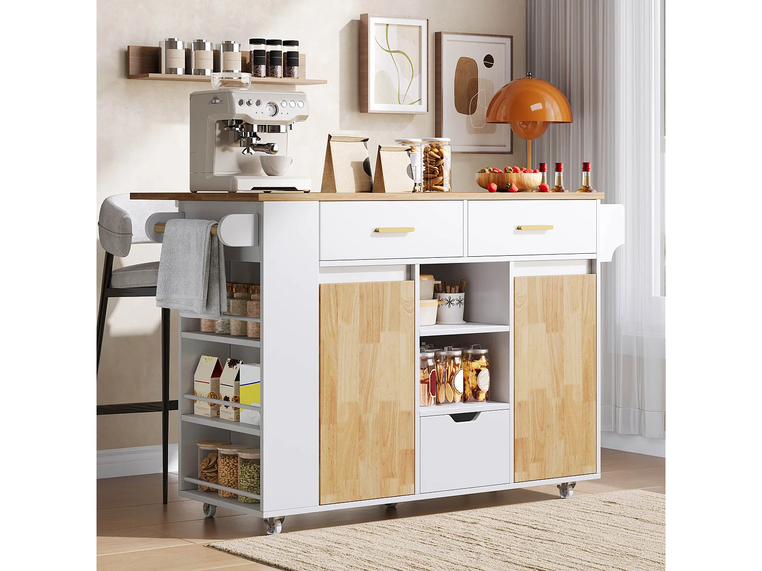 Îlot de cuisine mobile avec étagère à épices à 3 niveaux et 3 tiroirs - Blanc