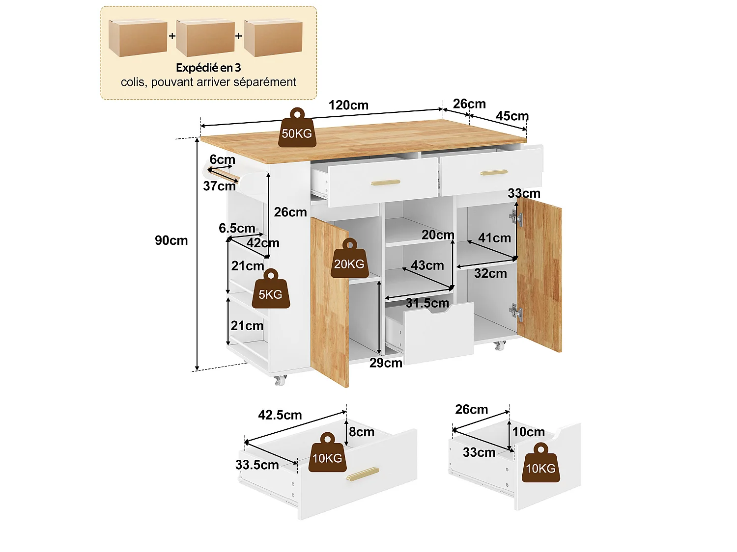 Îlot de cuisine mobile avec étagère à épices à 3 niveaux et 3 tiroirs - Blanc