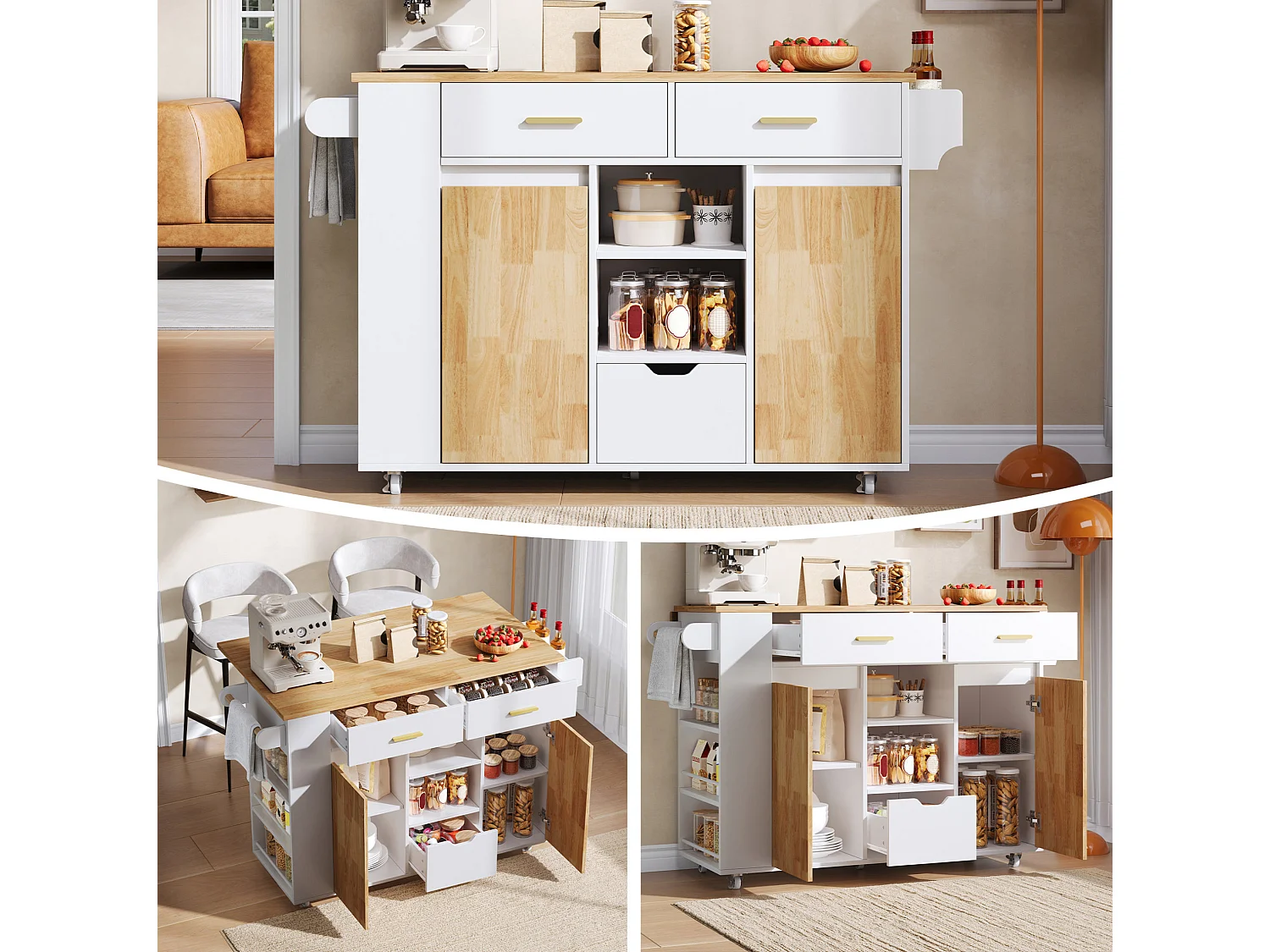Îlot de cuisine mobile avec étagère à épices à 3 niveaux et 3 tiroirs - Blanc