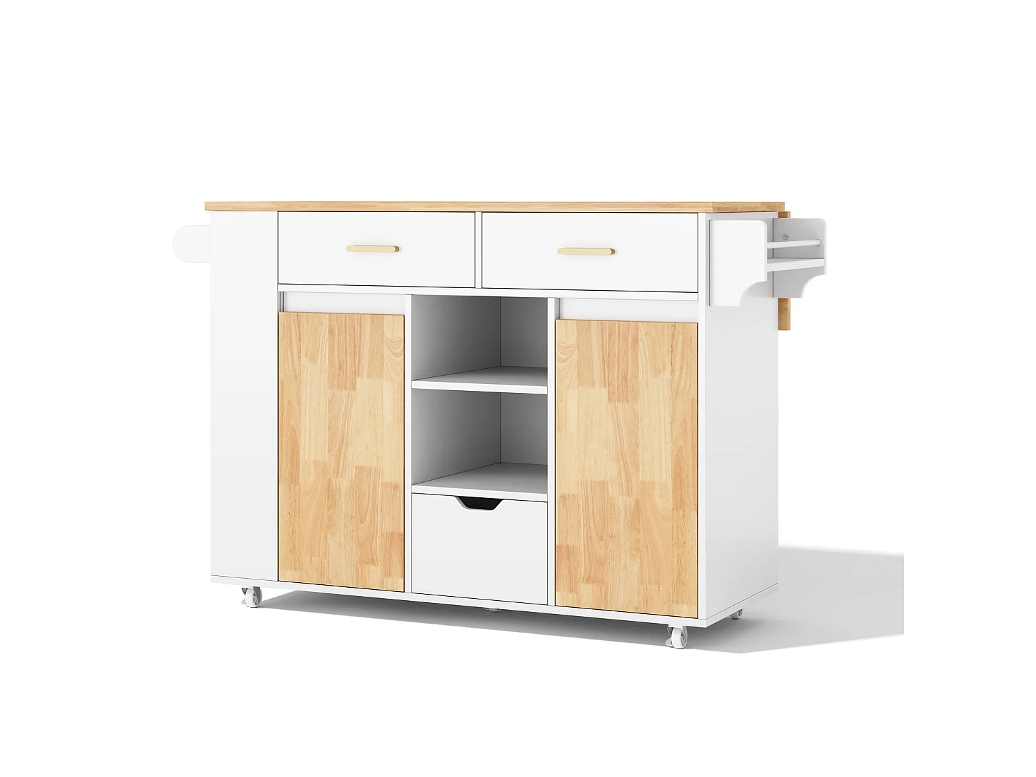 Îlot de cuisine mobile avec étagère à épices à 3 niveaux et 3 tiroirs - Blanc