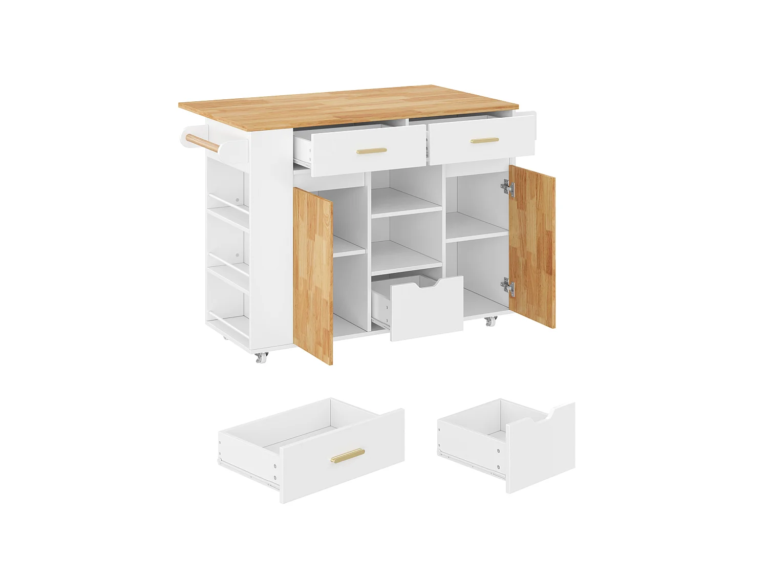 Îlot de cuisine mobile avec étagère à épices à 3 niveaux et 3 tiroirs - Blanc