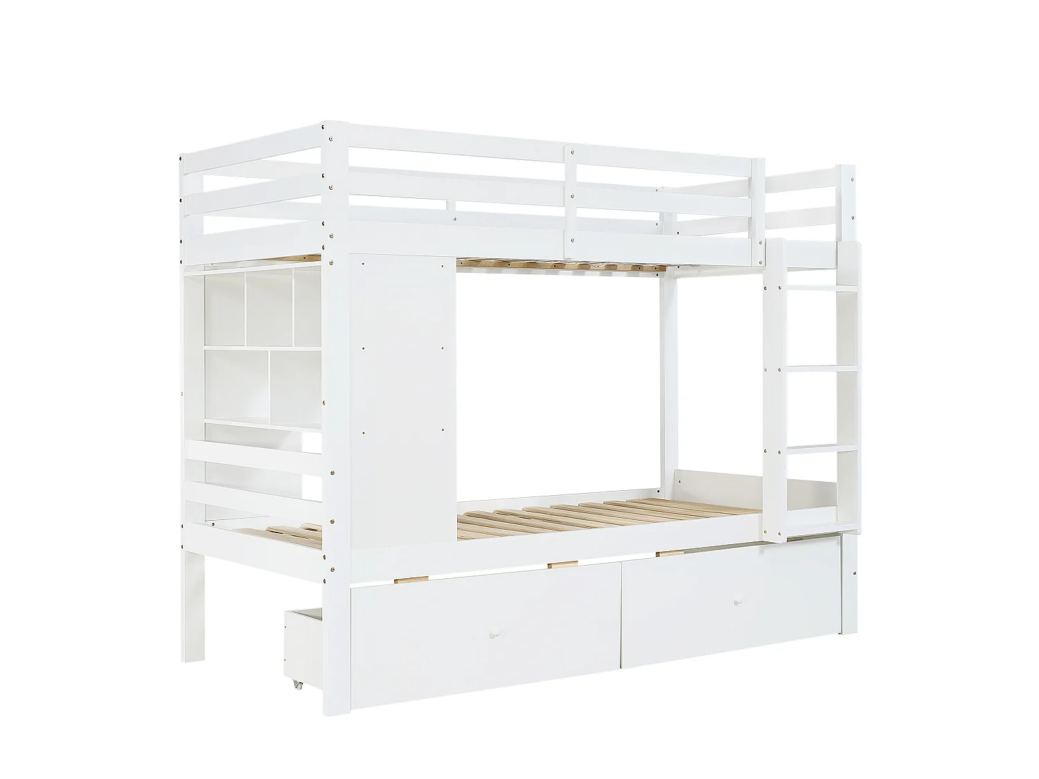 Lit superposé blanc 90x200 cm avec 2 tiroirs et étagère