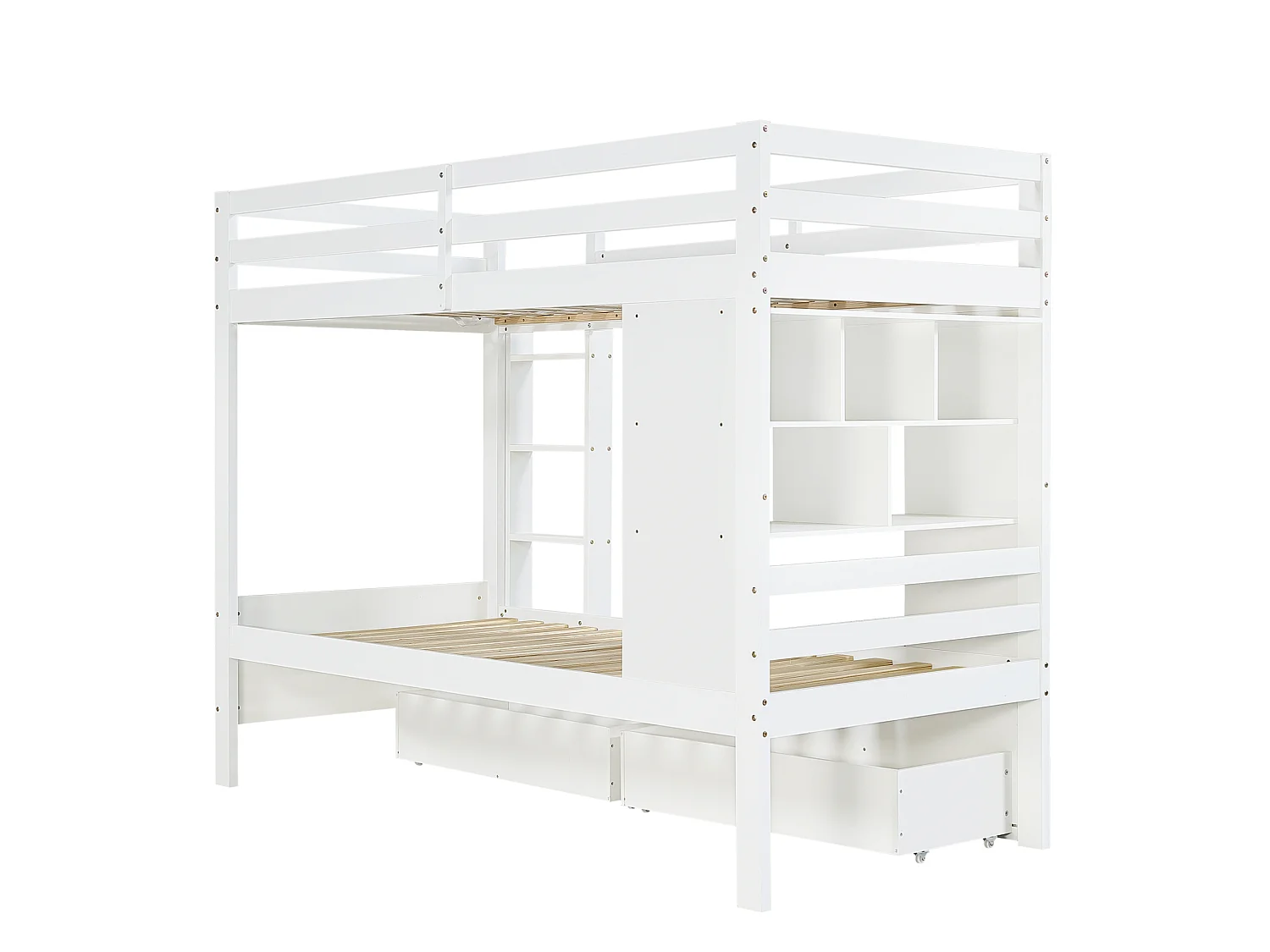 Lit superposé blanc 90x200 cm avec 2 tiroirs et étagère