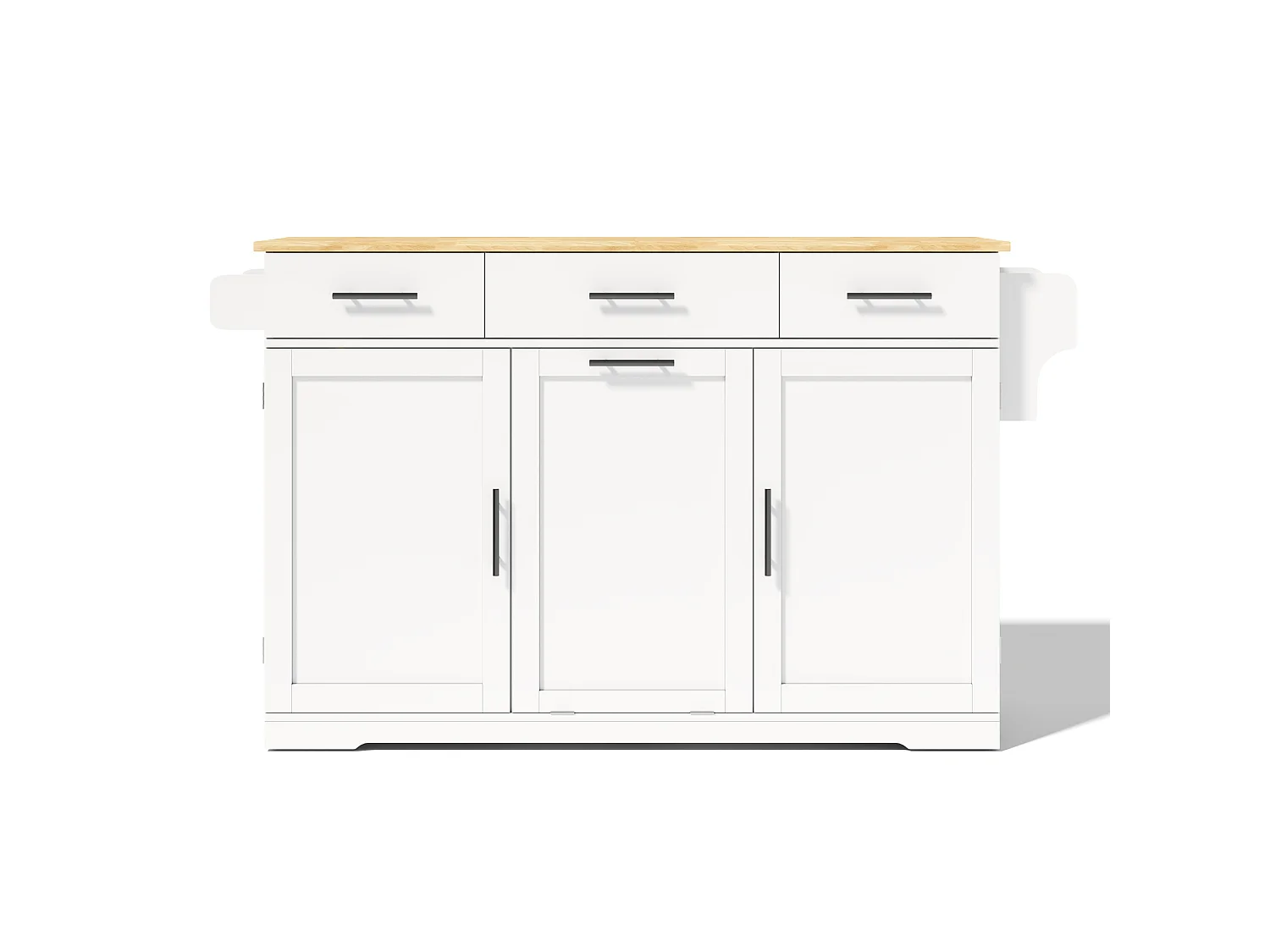 Îlot de cuisine mobile avec 3 tiroirs, prise et meuble poubelle - Blanc 136 × 50 (75) × 92 cm