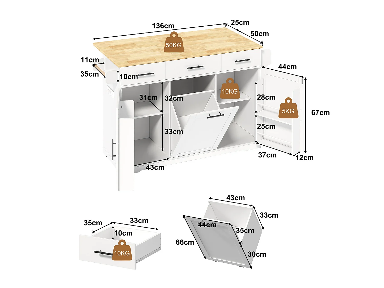 Îlot de cuisine mobile avec 3 tiroirs, prise et meuble poubelle - Blanc 136 × 50 (75) × 92 cm