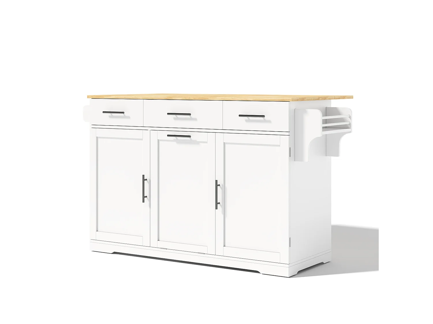 Îlot de cuisine mobile avec 3 tiroirs, prise et meuble poubelle - Blanc 136 × 50 (75) × 92 cm