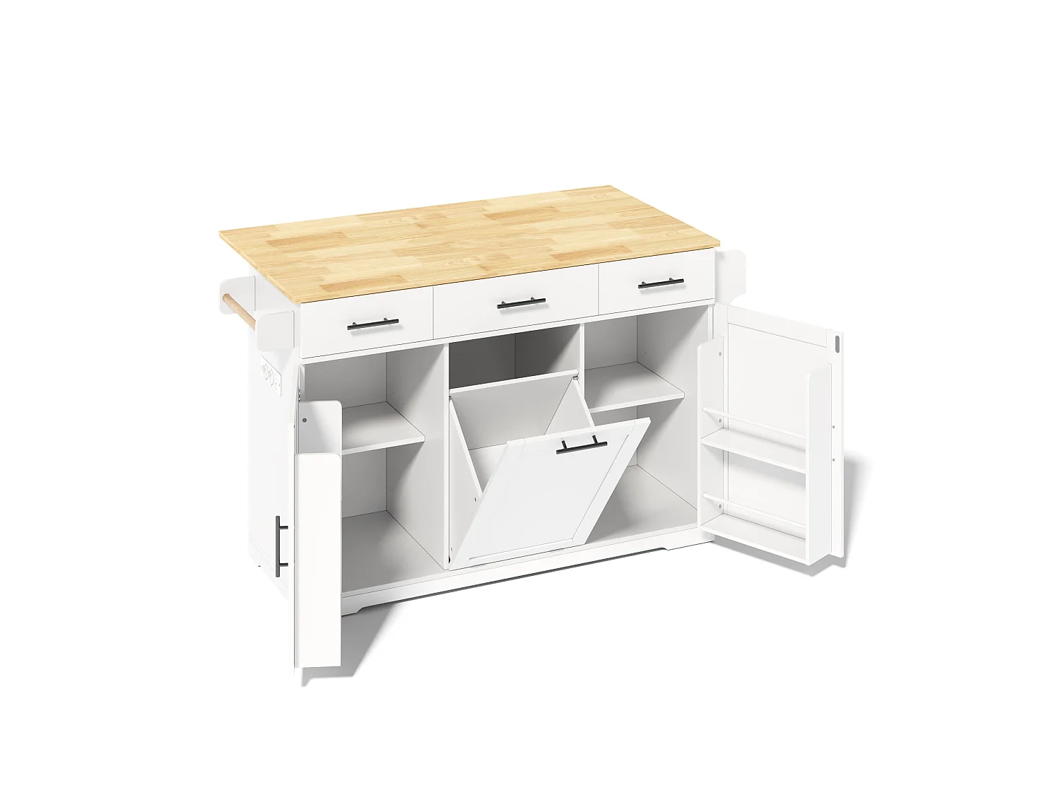 Îlot de cuisine mobile avec 3 tiroirs, prise et meuble poubelle - Blanc 136 × 50 (75) × 92 cm