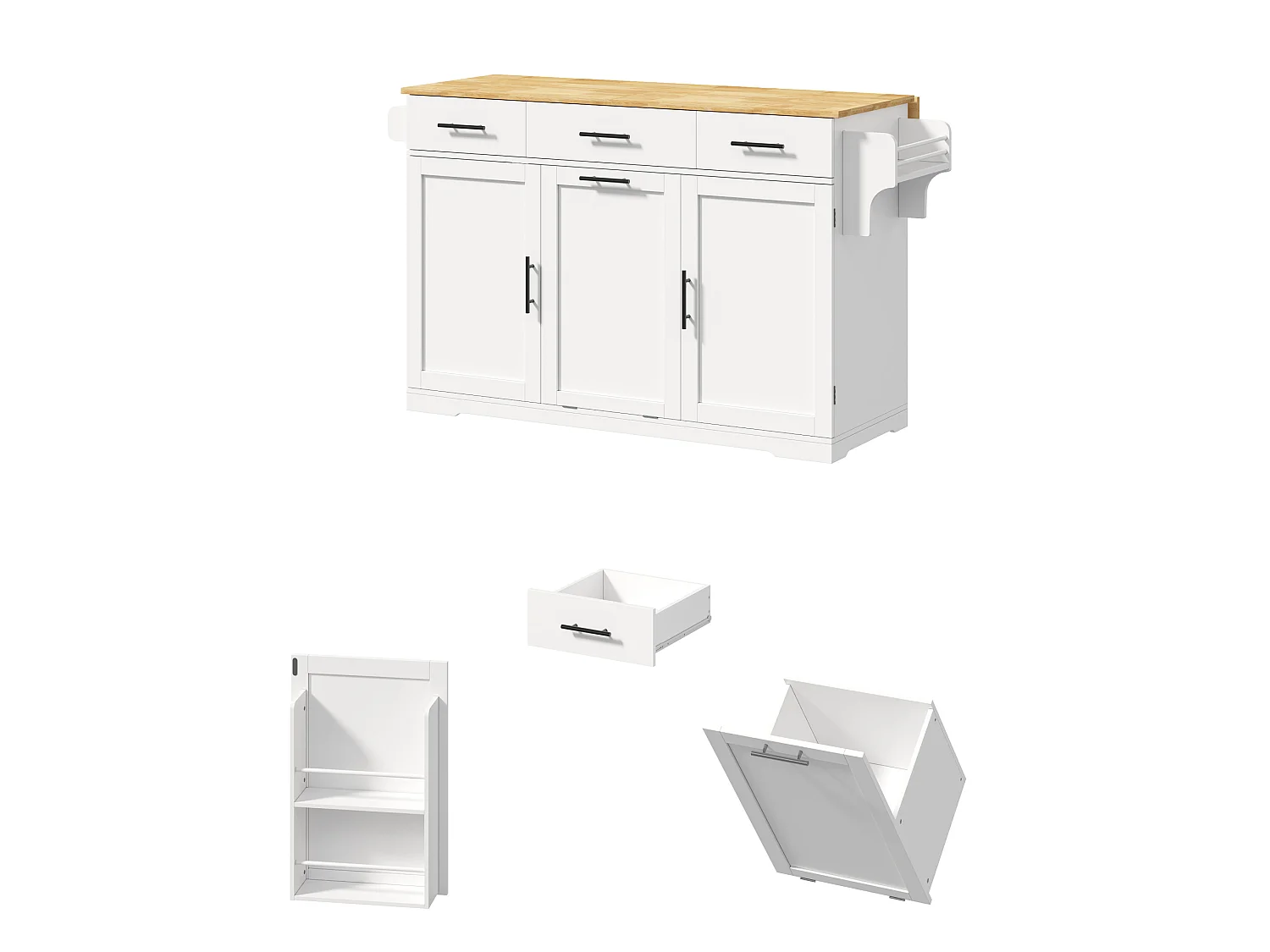 Îlot de cuisine mobile avec 3 tiroirs, prise et meuble poubelle - Blanc 136 × 50 (75) × 92 cm
