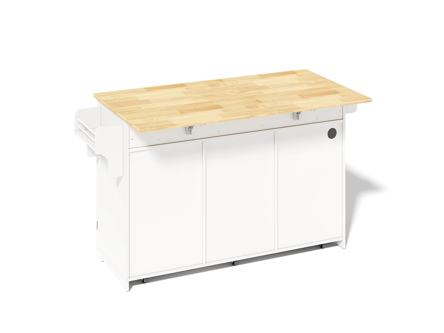 Îlot de cuisine mobile avec 3 tiroirs, prise et meuble poubelle - Blanc 136 × 50 (75) × 92 cm