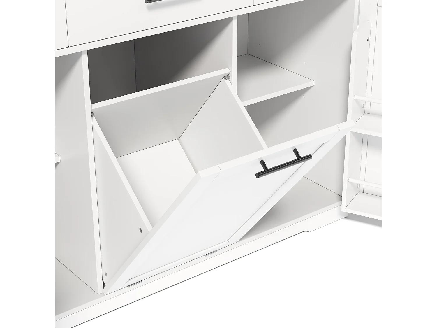 Îlot de cuisine mobile avec 3 tiroirs, prise et meuble poubelle - Blanc 136 × 50 (75) × 92 cm