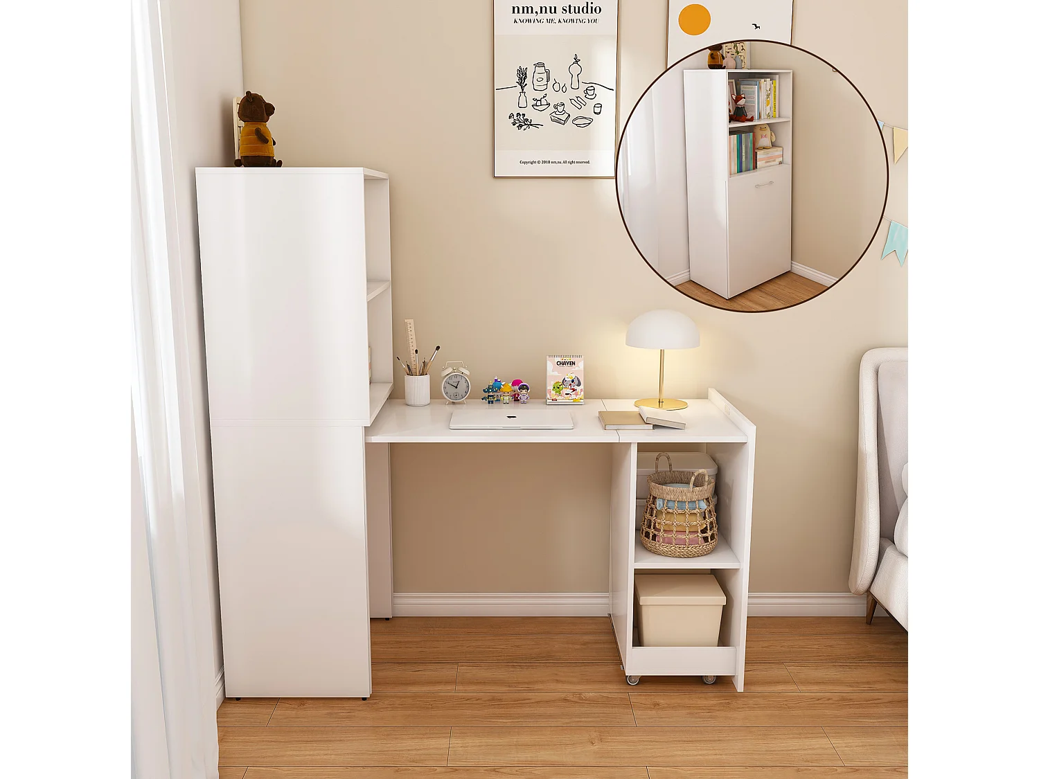 Escritorio extensible con almacenamiento y estantes ajustables - Blanco